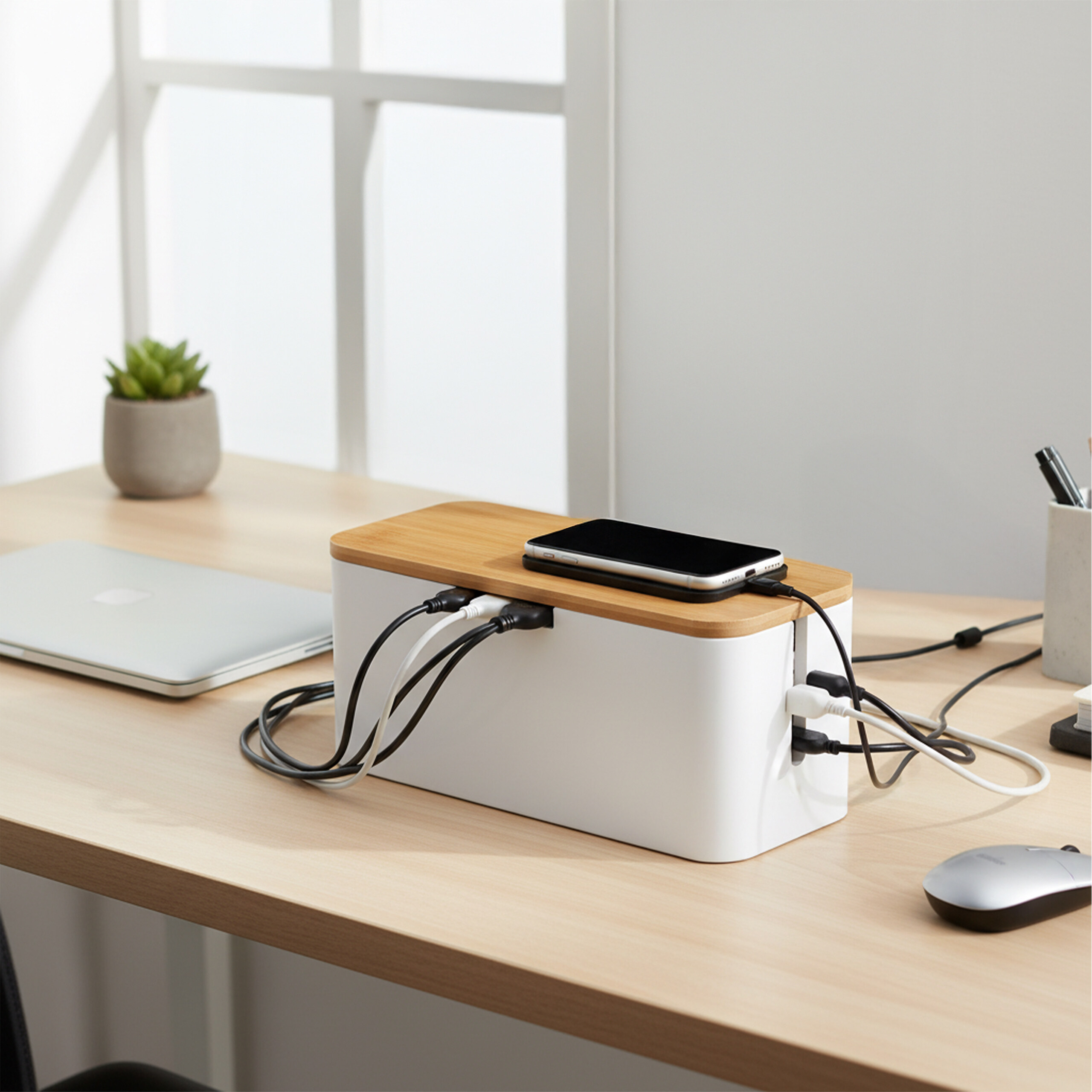 Weiße Kabelbox mit Holzbedeckung und Ladekabeln auf einem Holztisch mit einem Laptop.