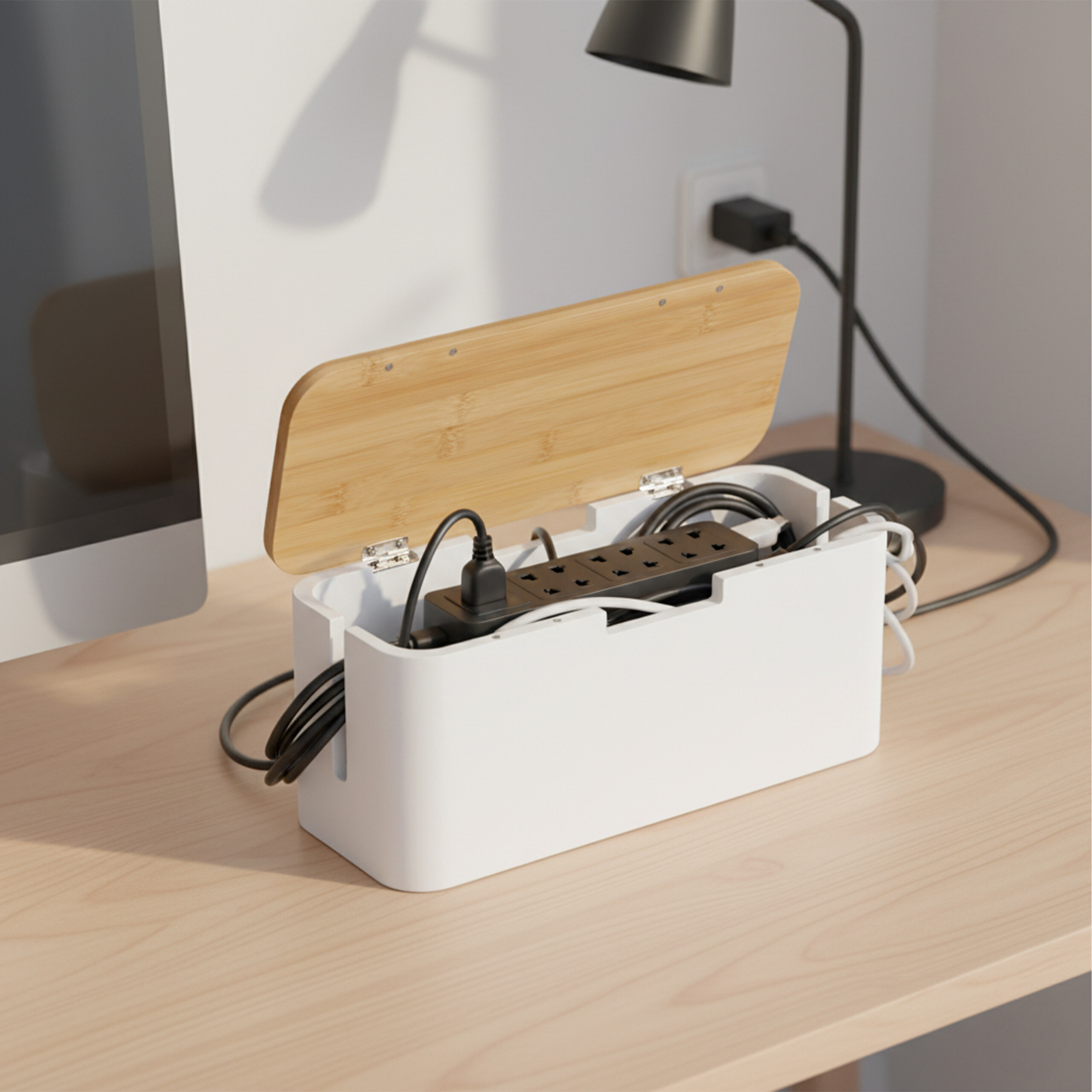 Eine weiße Kabelbox mit Holzbedeckung und Steckdosenleiste auf einem Schreibtisch.
