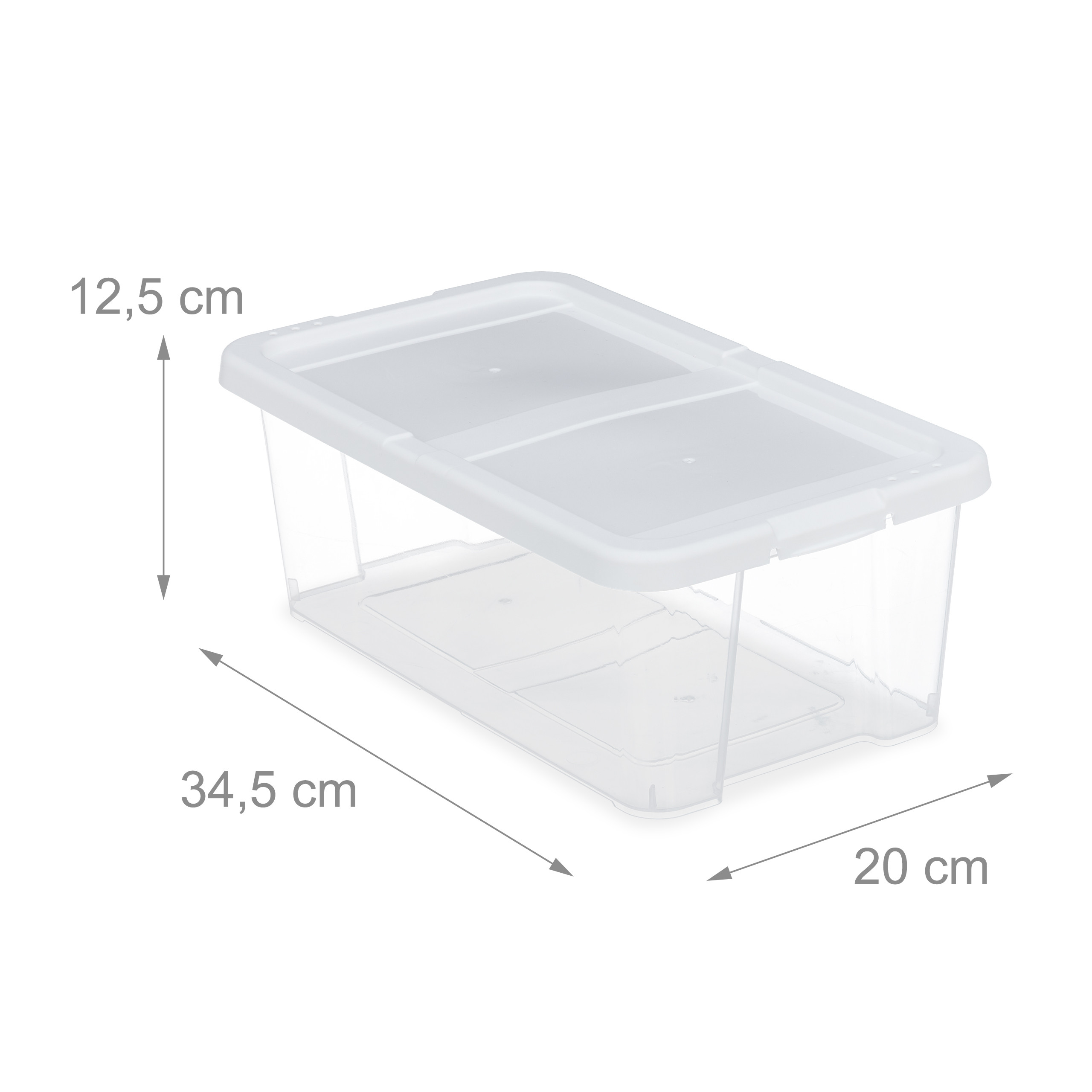 Transparente Kunststoffbox mit weißem Deckel, Maße: 12,5 cm Höhe, 34,5 cm Länge und 20 cm Breite.