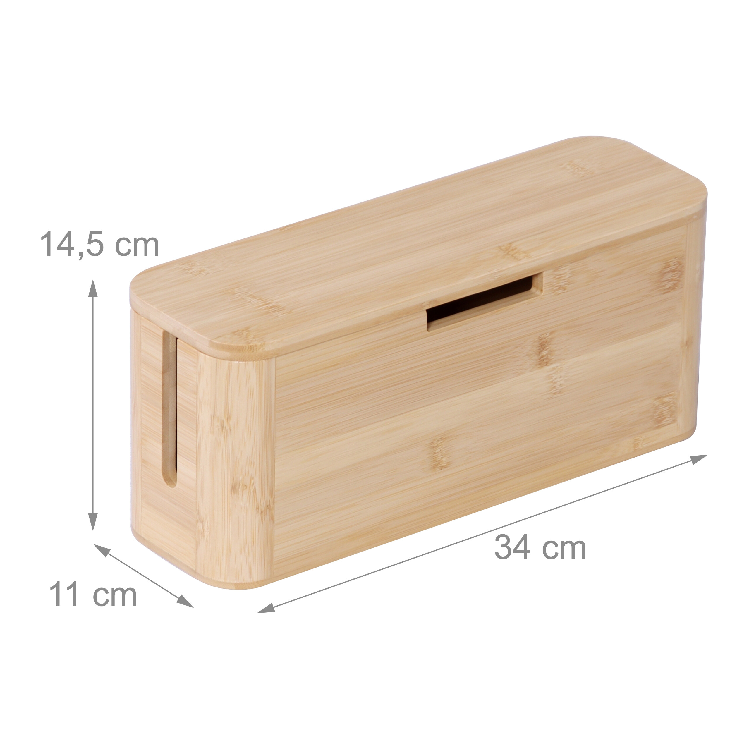 Rechteckige Bambuskabelbox mit Maßen: 34 cm Länge, 11 cm Breite und 14,5 cm Höhe vor weißem Hintergrund.