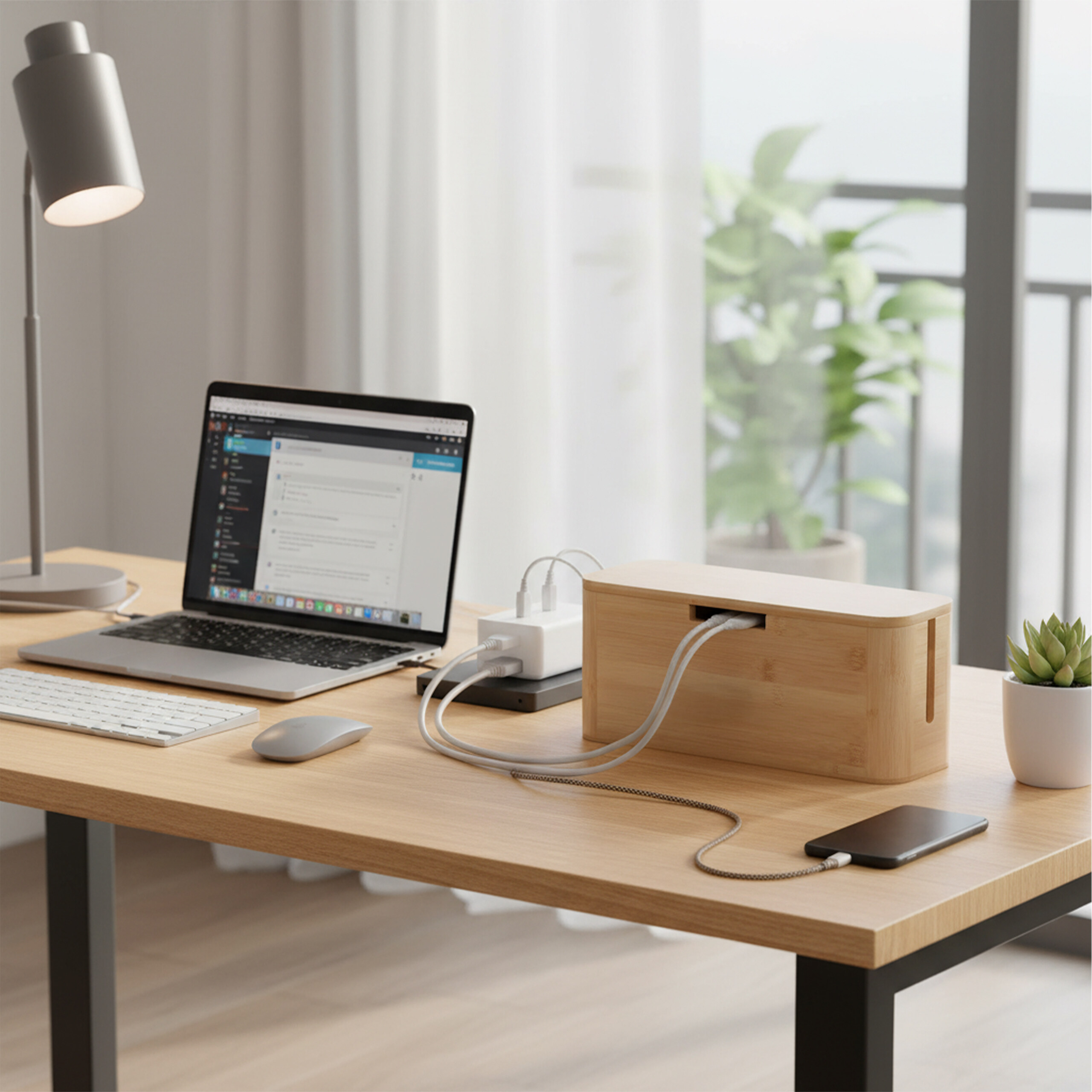 Ein Holztisch mit Laptop, Kabelbox, Lampe, Maus und geladenem Smartphone vor einem Fenster.