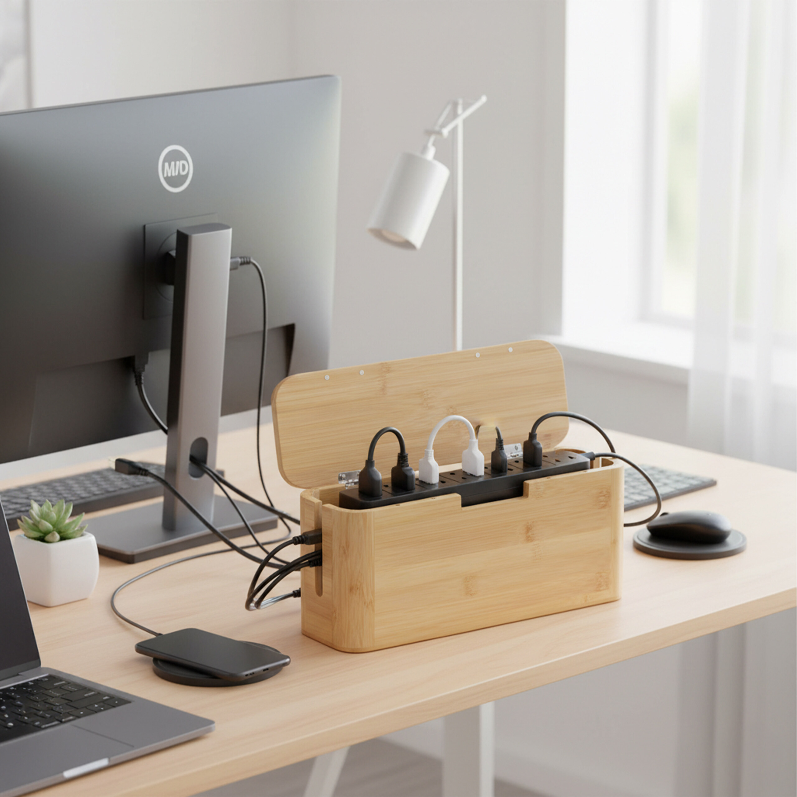 Eine Bambus-Kabelbox auf einem Schreibtisch mit Monitor, Lampe, Laptop und angeschlossenen Ladekabeln.