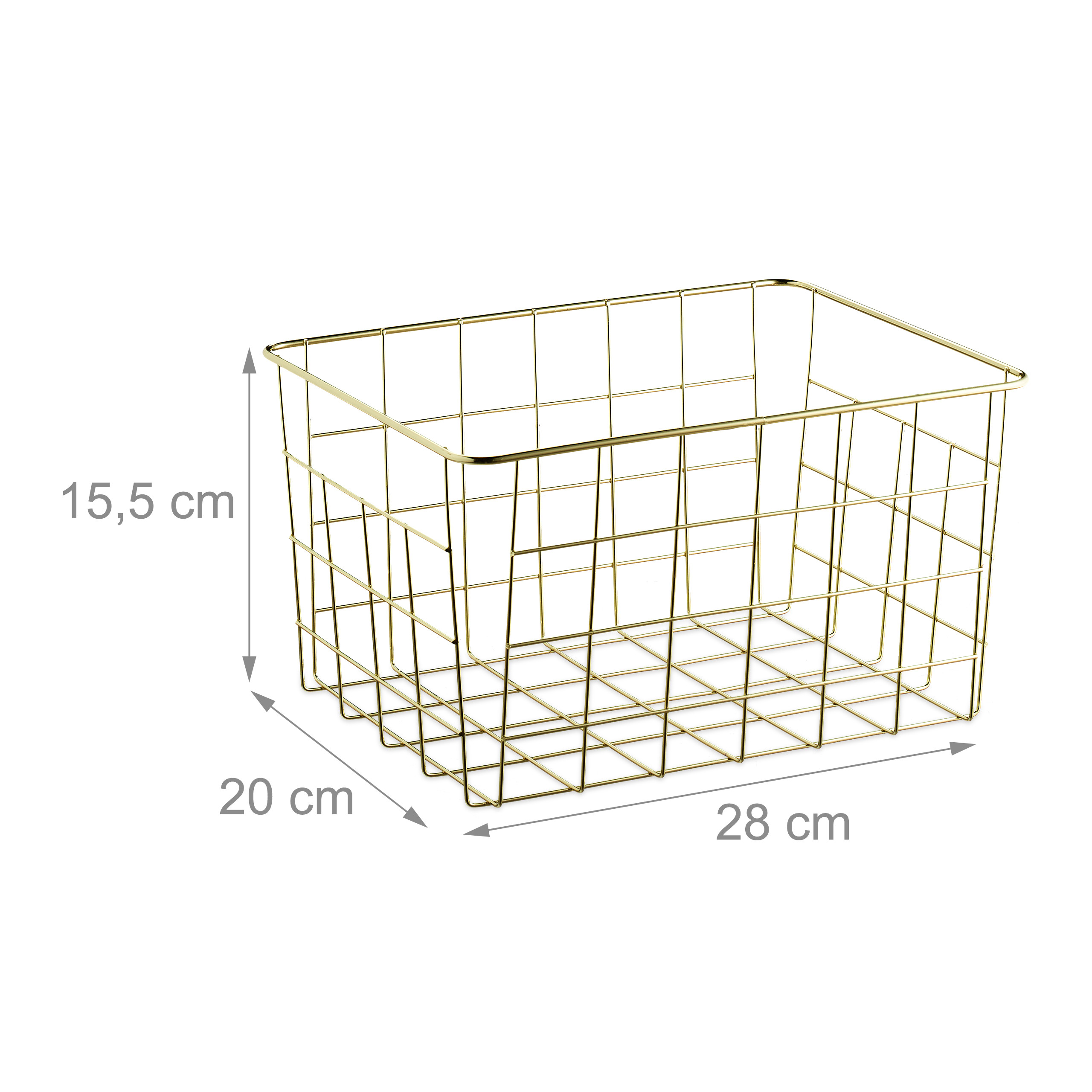 Ein goldener Drahtkorb mit Abmessungen von 28 cm Länge, 20 cm Breite und 15,5 cm Höhe auf weißem Hintergrund.