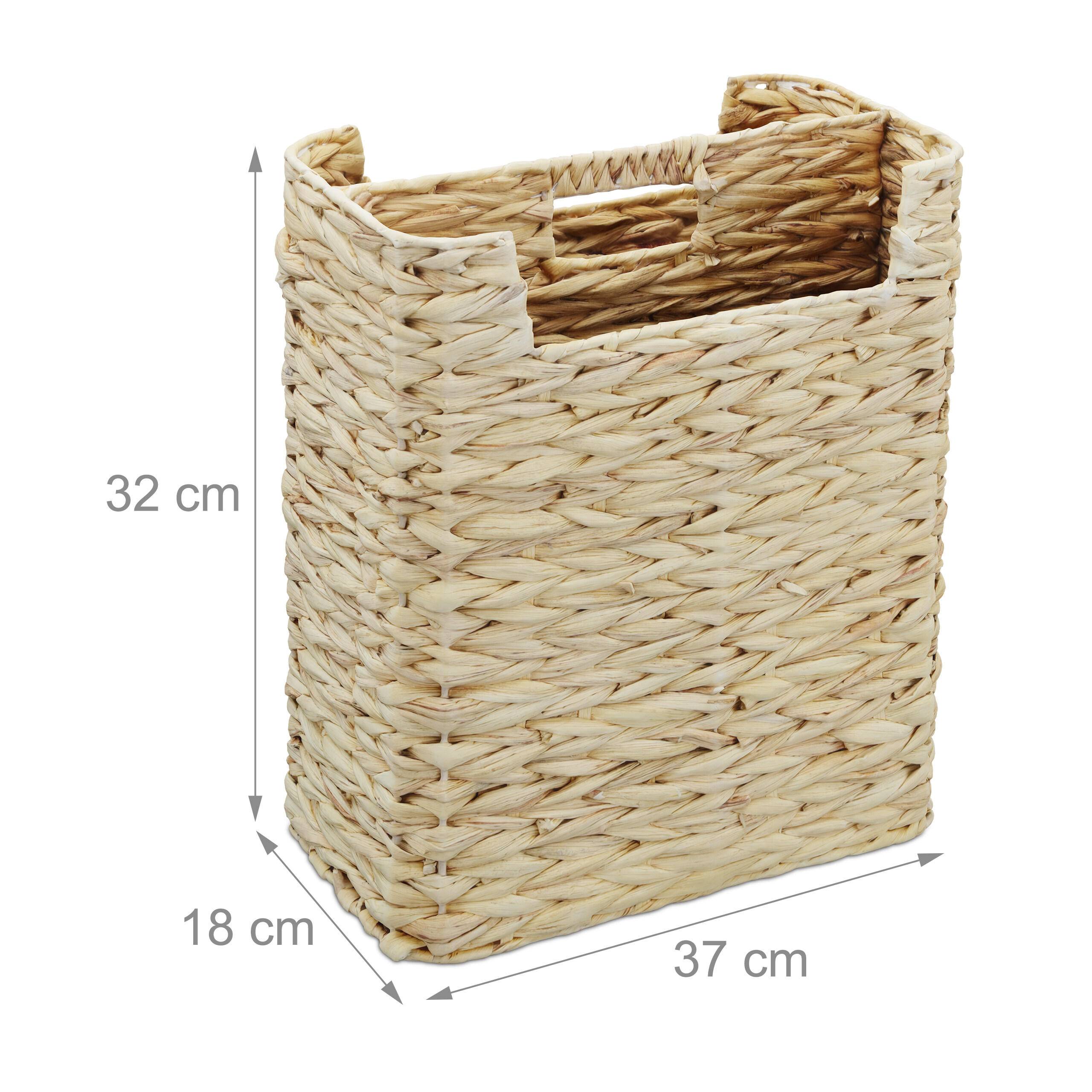 Beiger, geflochtener Korb mit den Maßen 37x18x32 cm auf weißem Hintergrund.