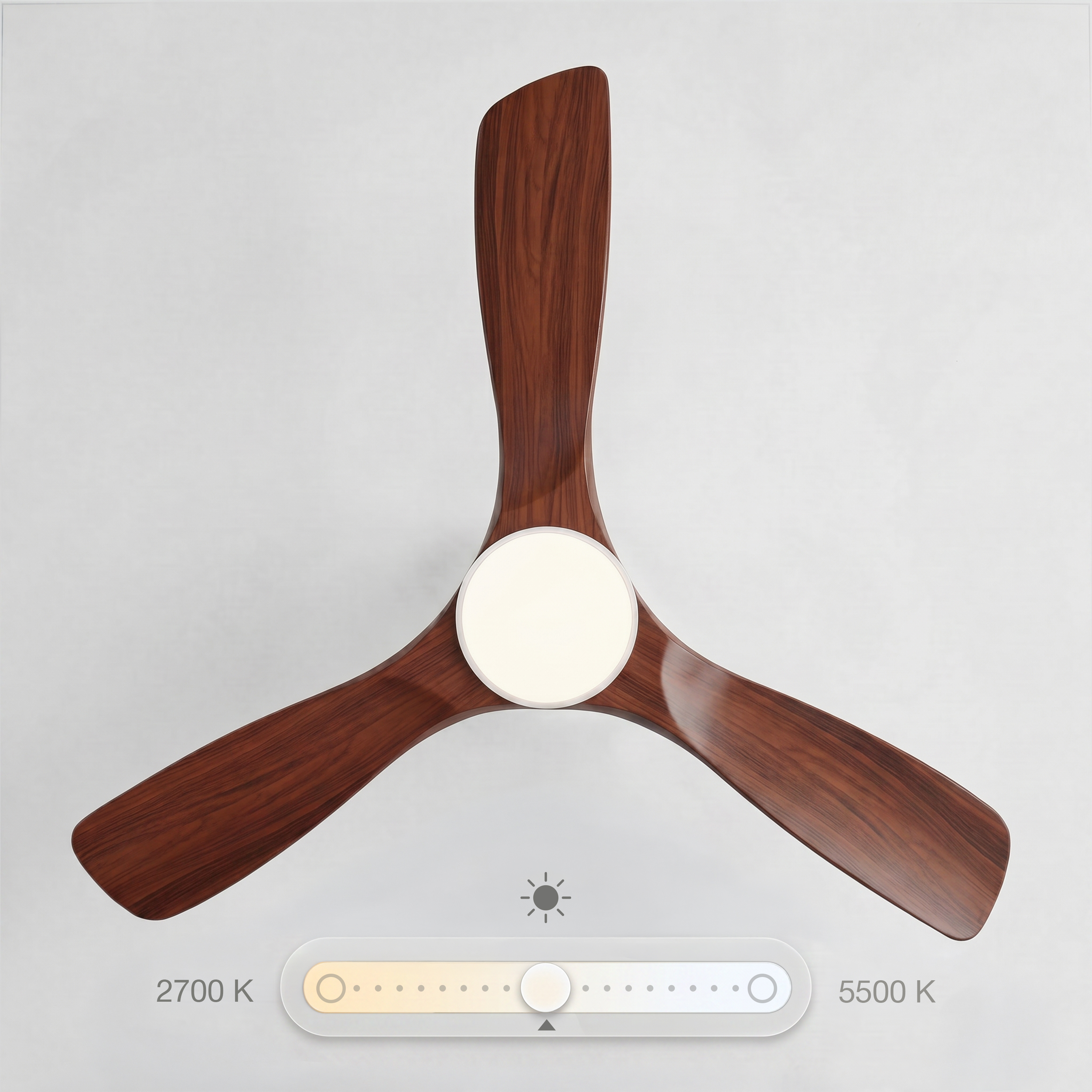 Ventilatore da soffitto in legno con luce e cursore per la temperatura.