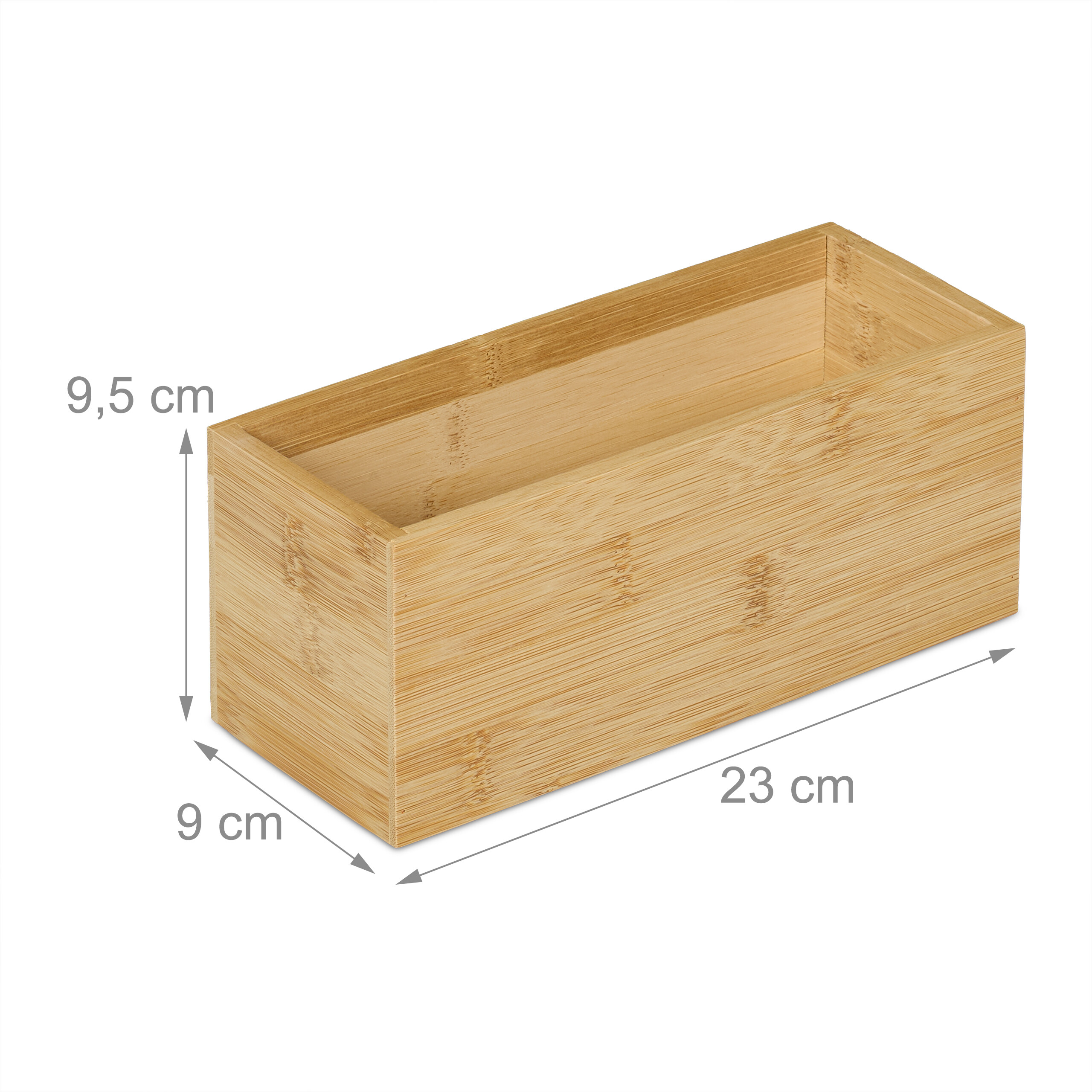 Ein rechteckiger Bambus-Organizer, 23x9x9,5 cm, auf weißem Hintergrund.