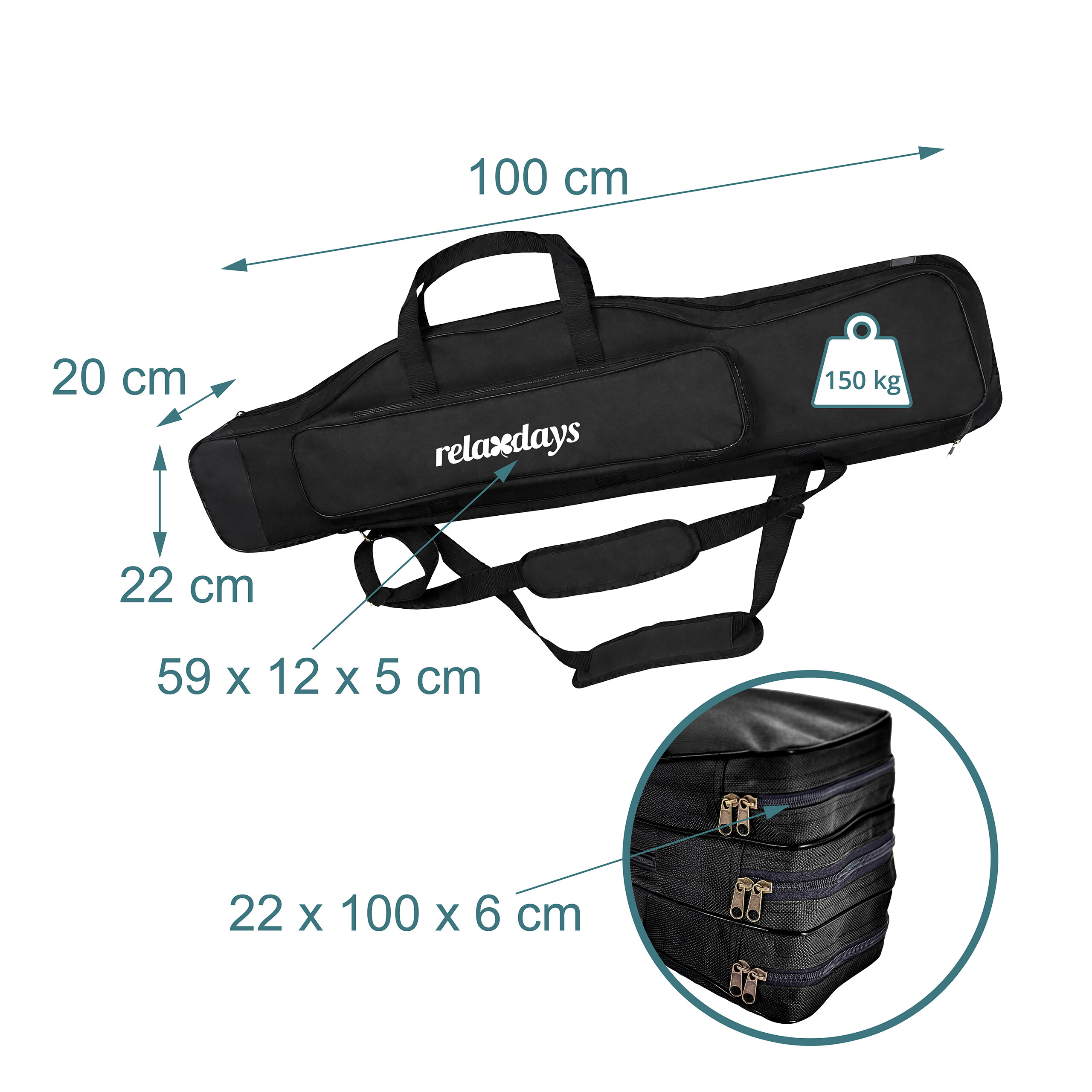 Schwarze lange Tasche mit Maßen, Griffen, Riemen und Reißverschlüssen.