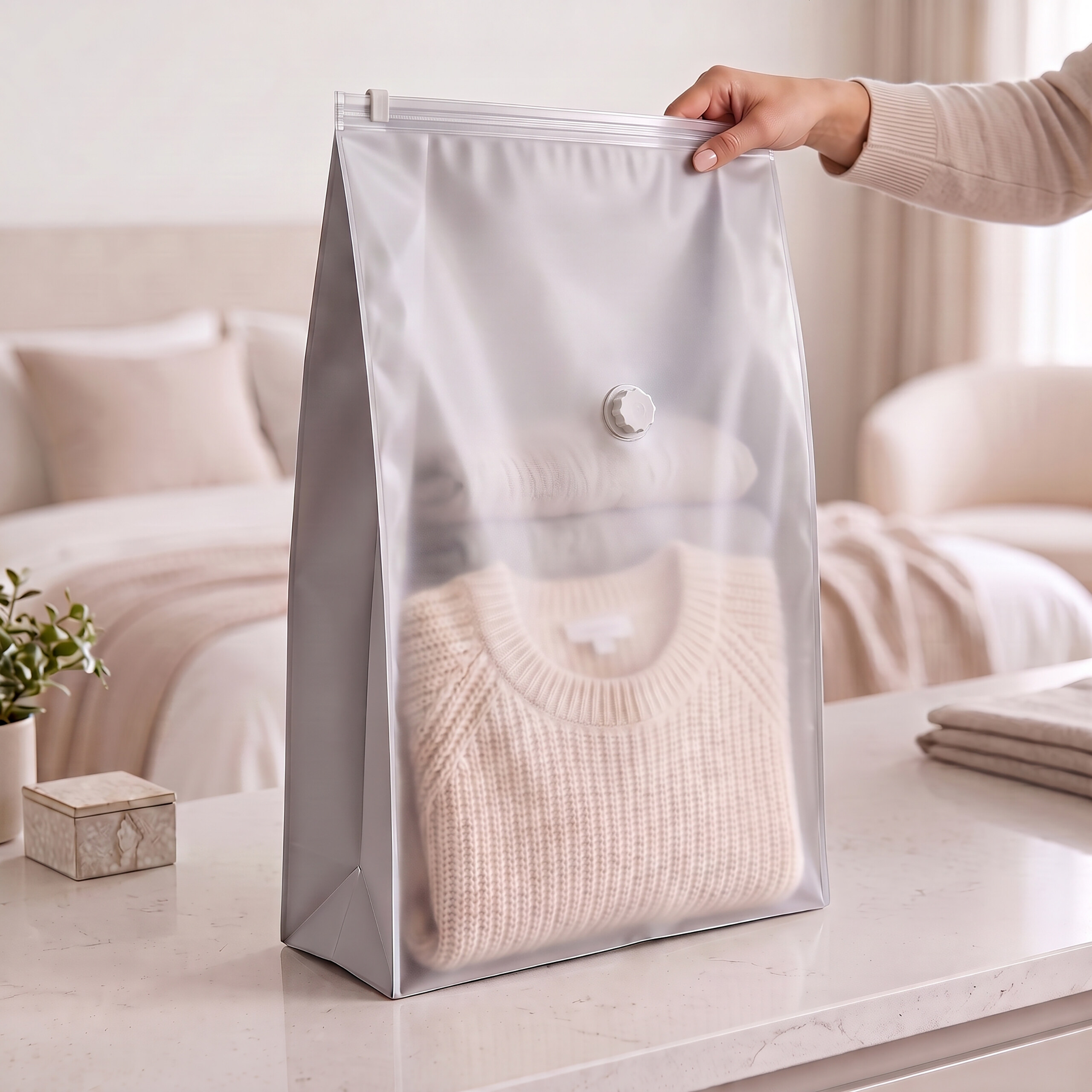 Person hält eine halb transparente Vakuumtasche mit gefalteter Kleidung auf einer Kommode in einem Schlafzimmer.