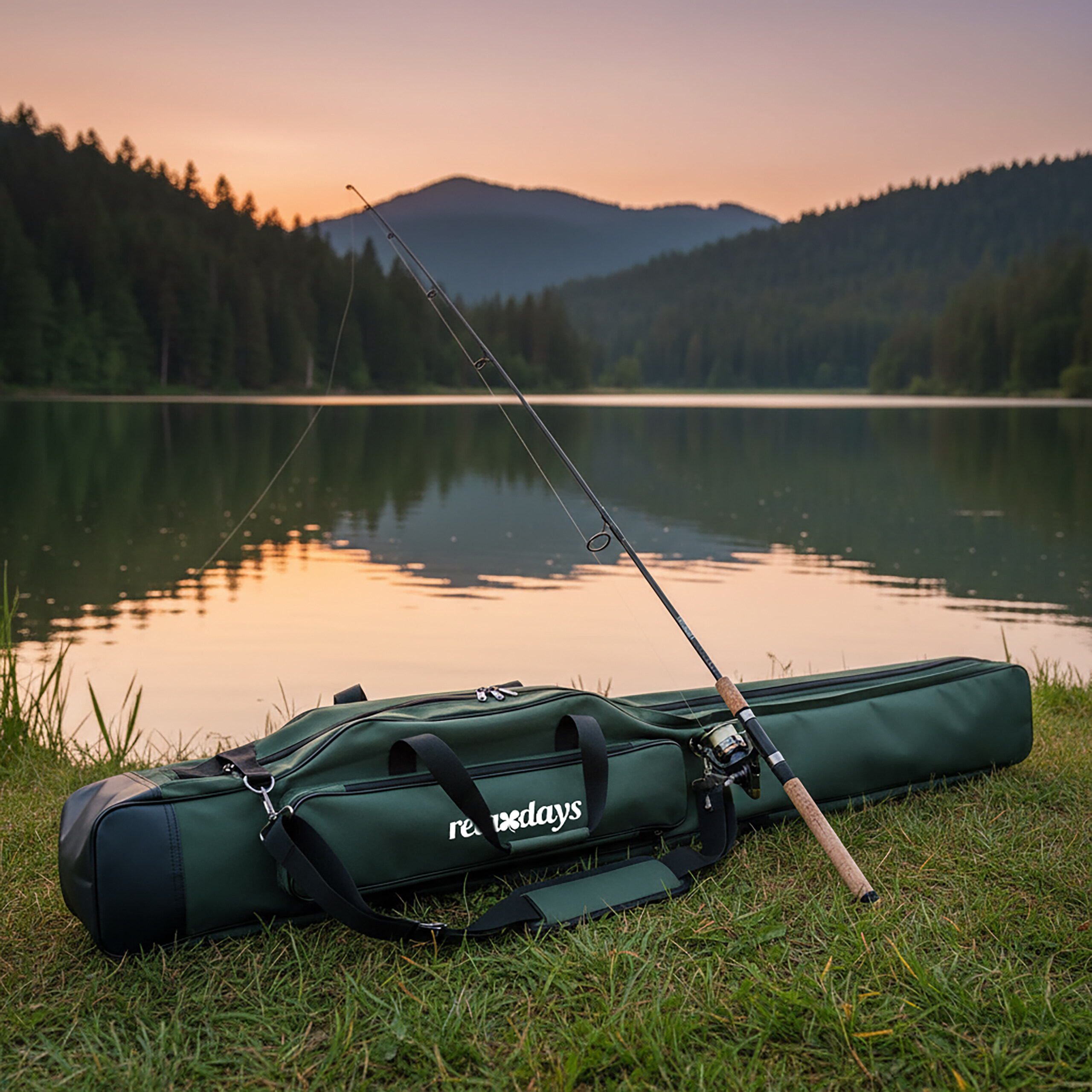 Grüne Angeltasche mit Rute am Seeufer bei Sonnenuntergang.