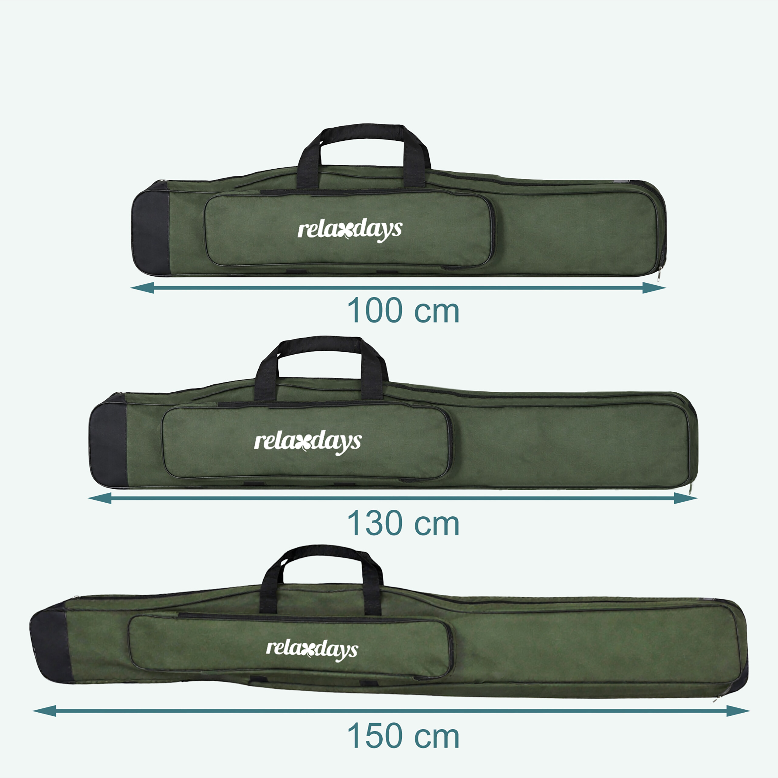 Drei grüne Angeltaschen von Relaxdays mit Längenangaben von 100 cm, 130 cm und 150 cm.