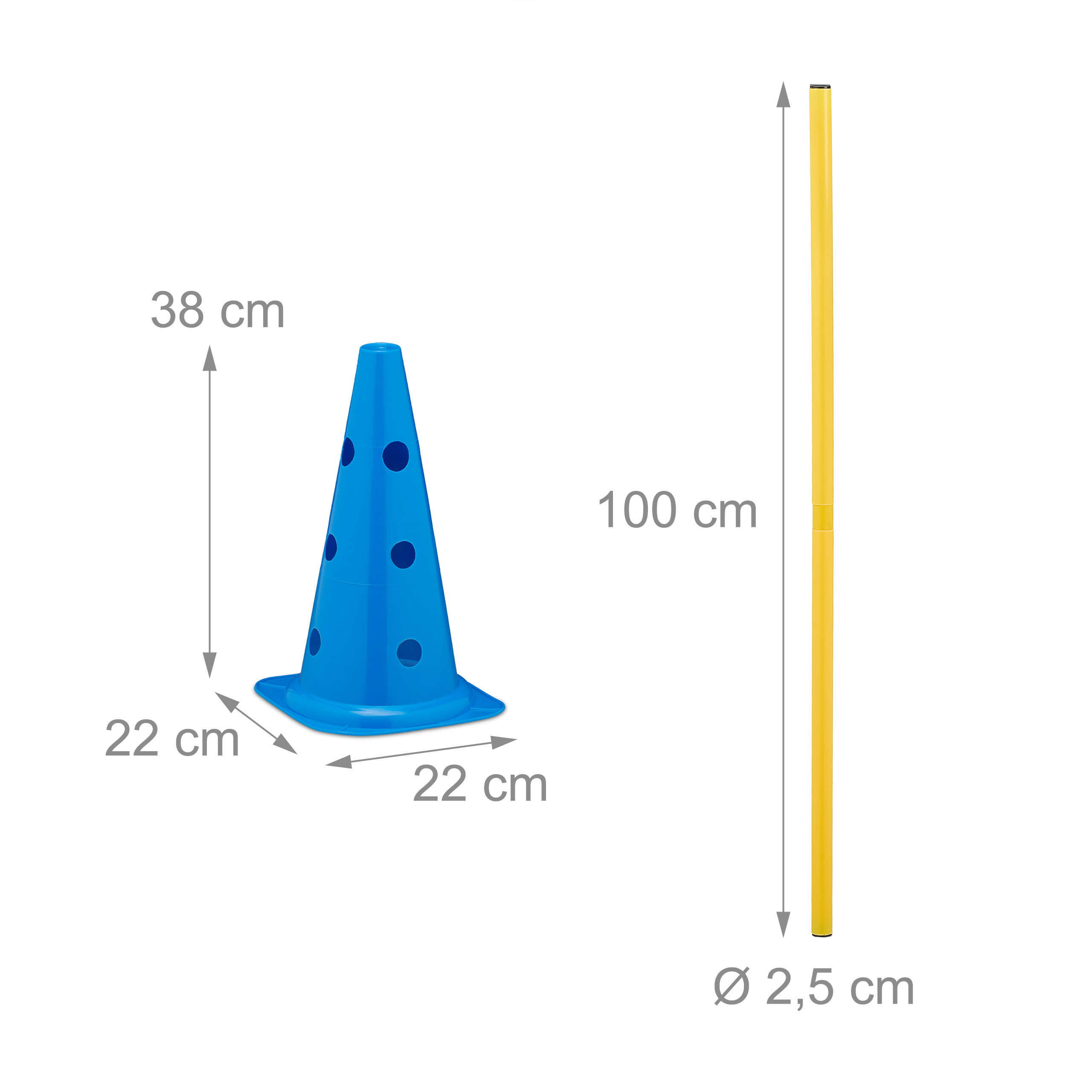 Ein blauer Pylon mit Löchern und eine gelbe Stange mit Maßangaben auf weißem Hintergrund.