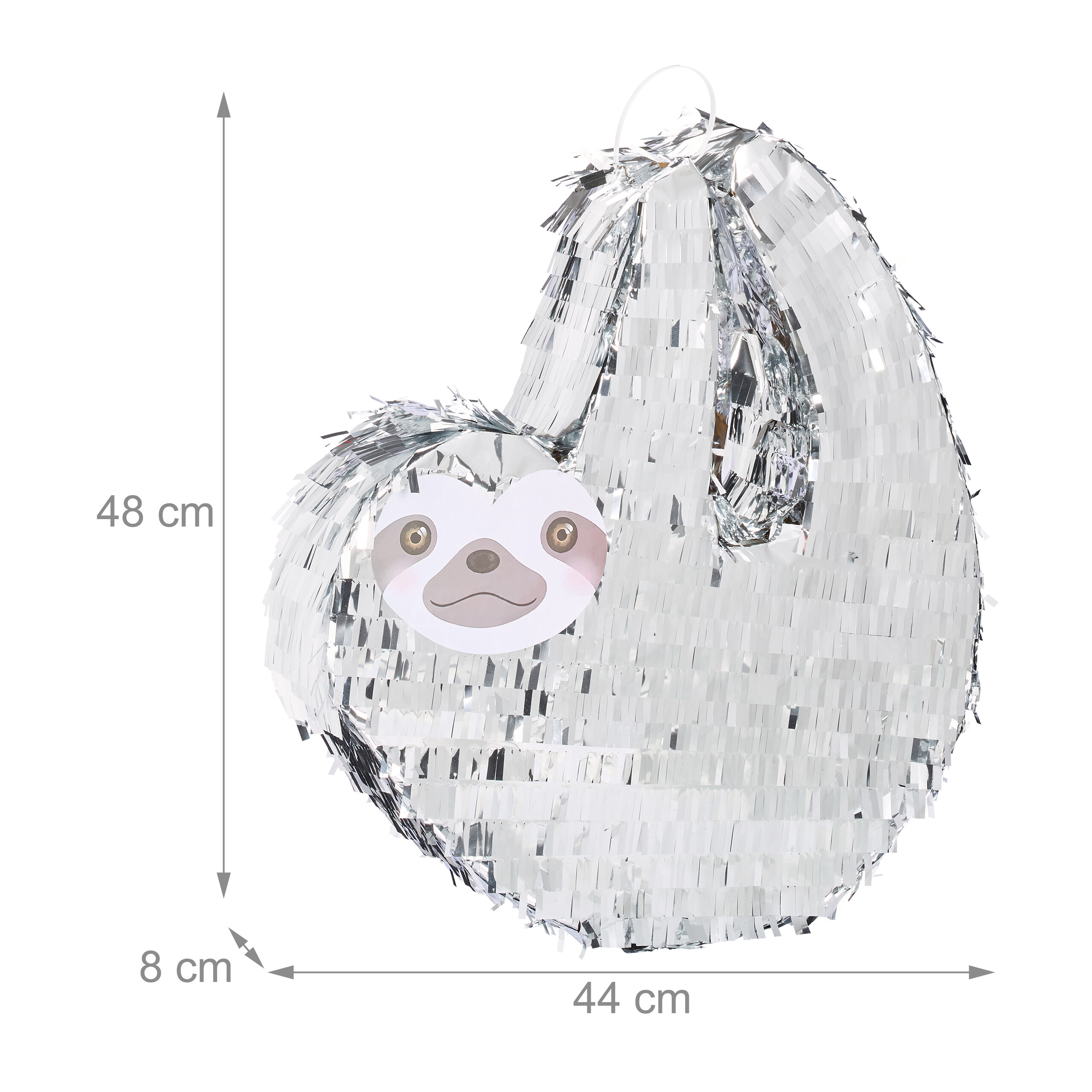 Silberne Faultier-Piñata mit Maßen: 48 cm Höhe, 44 cm Breite, 8 cm Tiefe.