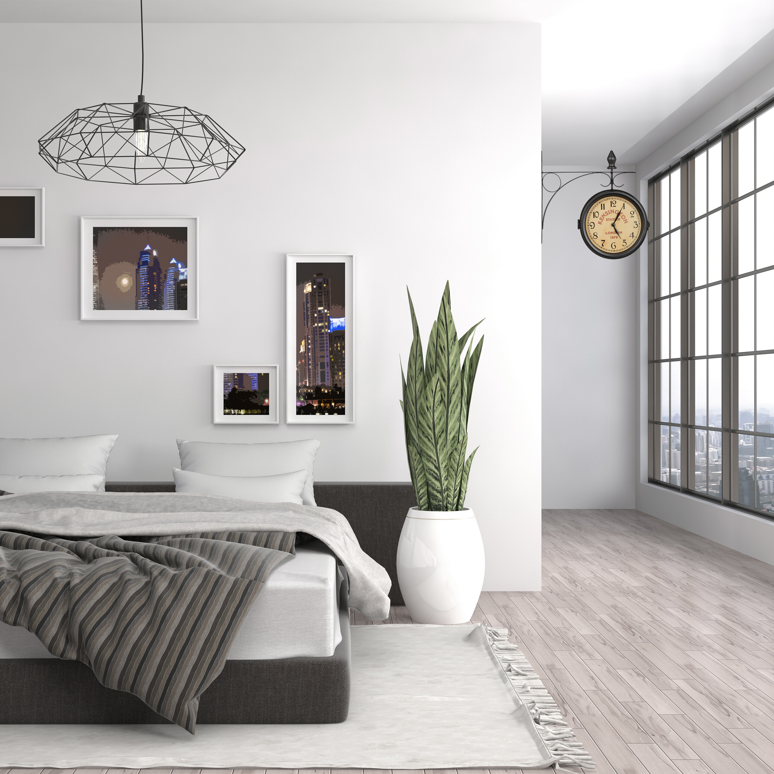 Modernes Schlafzimmer mit Bett, hängendem Drahtlampenschirm, Topfpflanze, gerahmten Bildern und großen Fenstern mit Stadtblick.