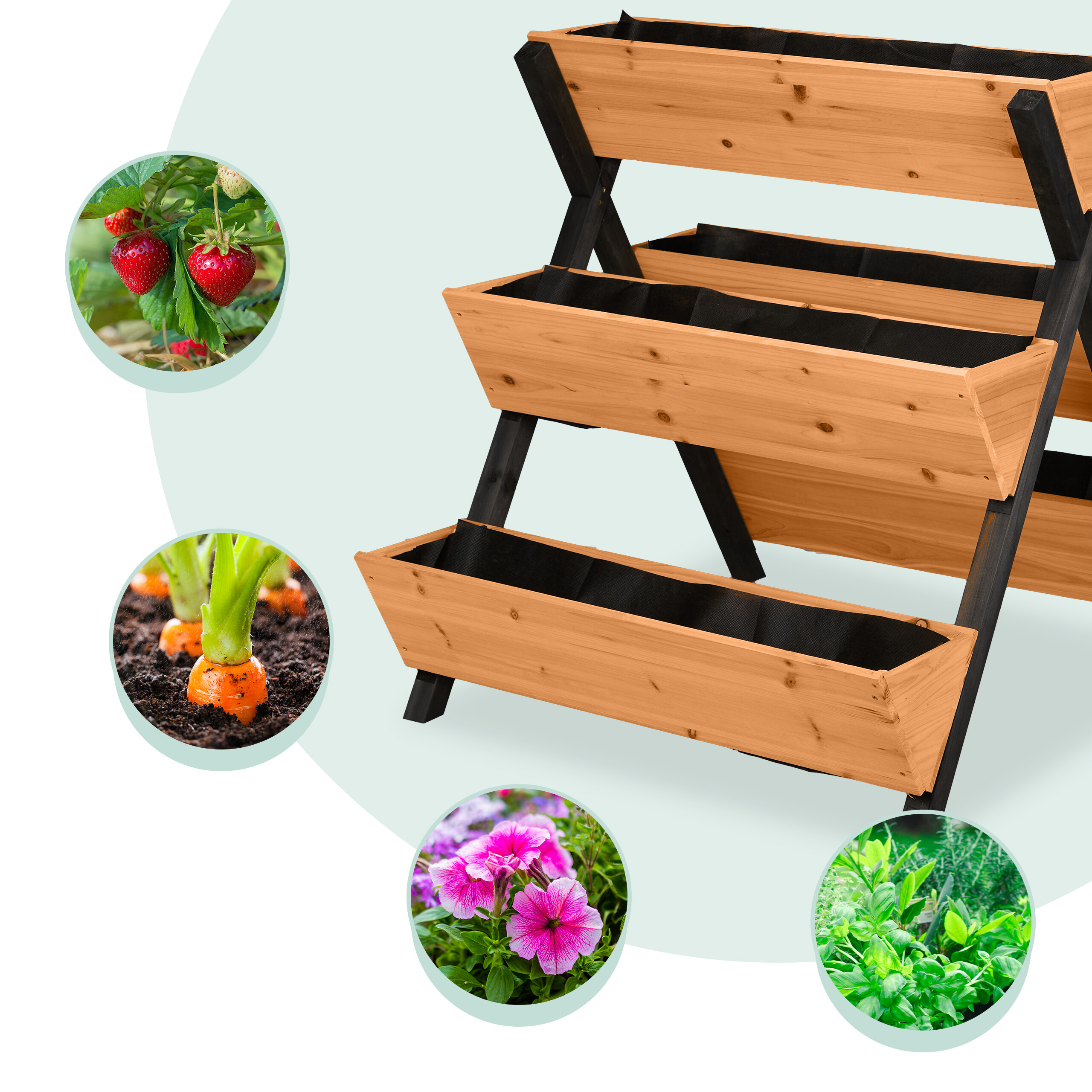 Dreistöckiges hölzernes Hochbeet mit Kreiseinsätzen, die Erdbeeren, Karotten, Blumen und Kräuter zeigen.