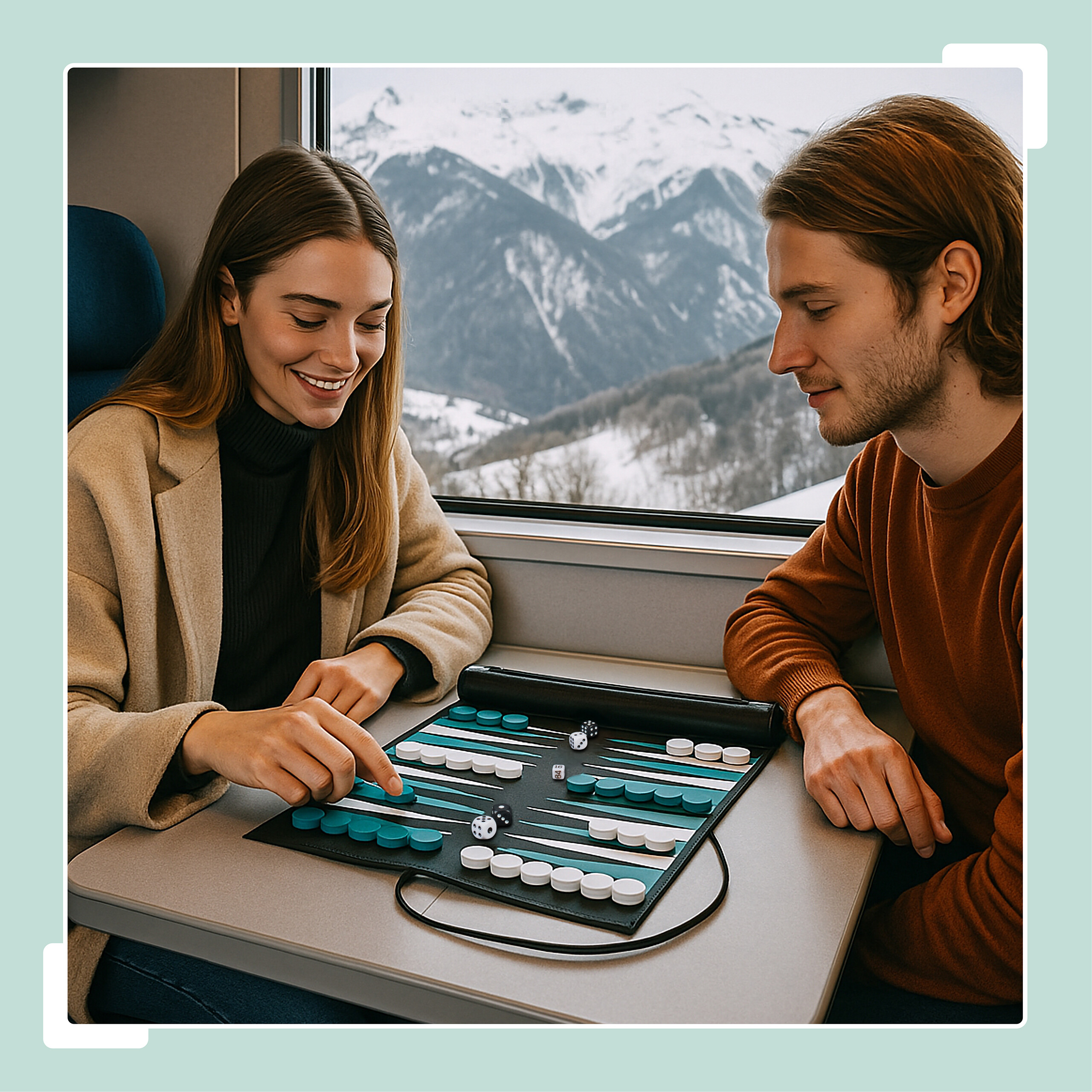 Ein Paar spielt Backgammon an einem Zugfenster mit Blick auf verschneite Berge.