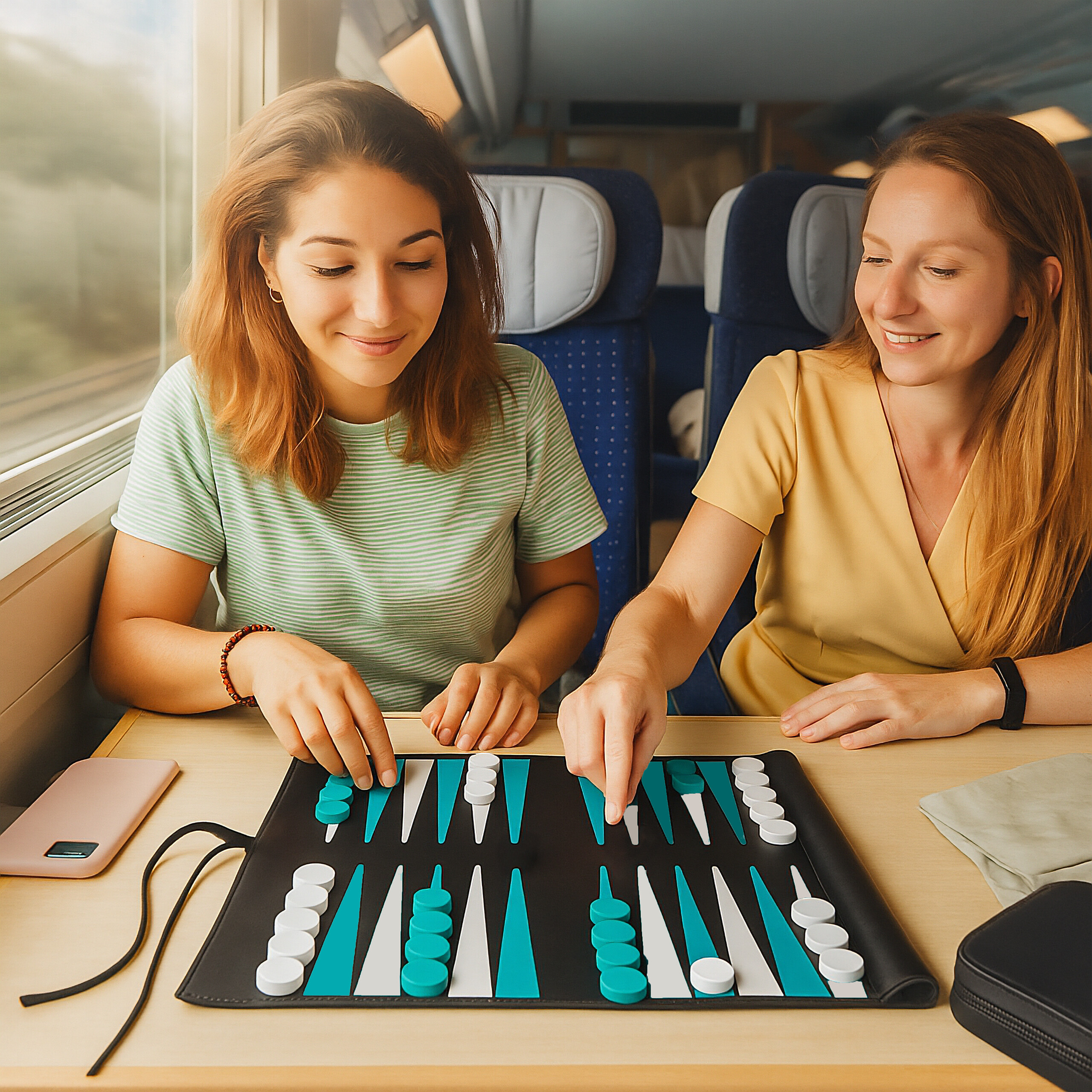 Zwei lächelnde Frauen spielen Backgammon auf einem Zugtisch.