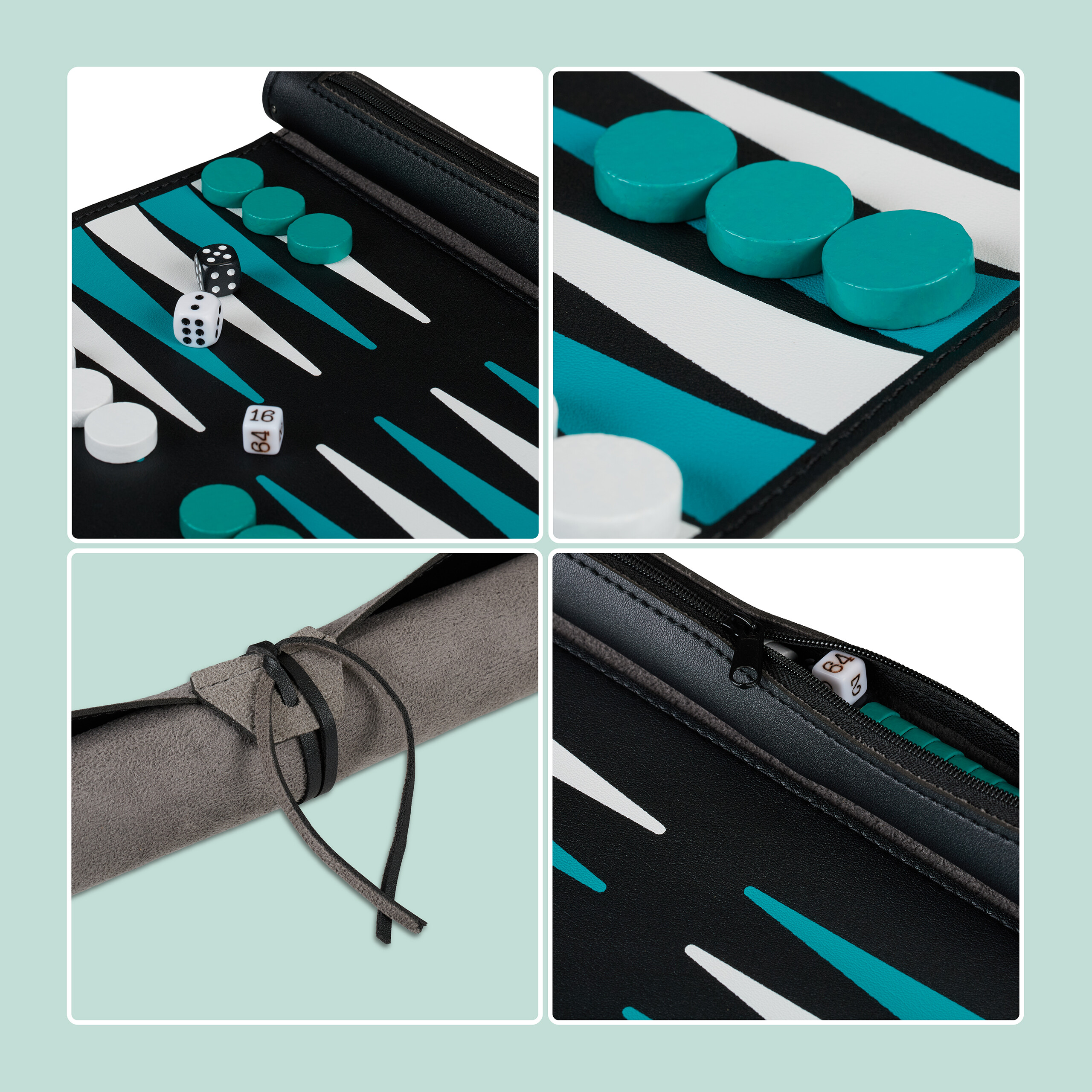 Ein Backgammon-Set mit türkisen und weißen Steinen, Würfeln und einer zusammengerollten grauen Tasche.
