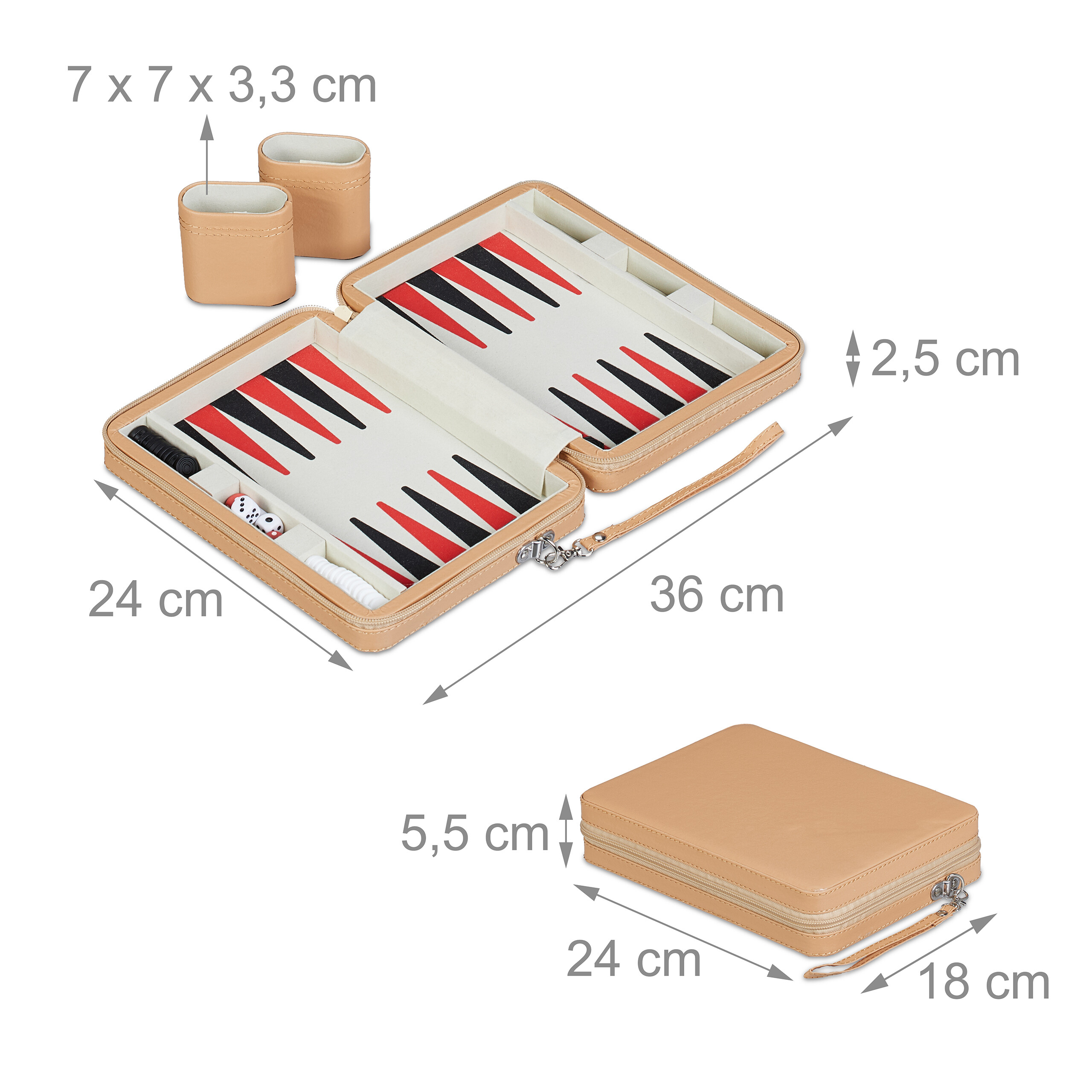 Ein geöffnetes und geschlossenes Backgammon-Set aus Leder mit Maßen, Würfelbechern und Spielsteinen.