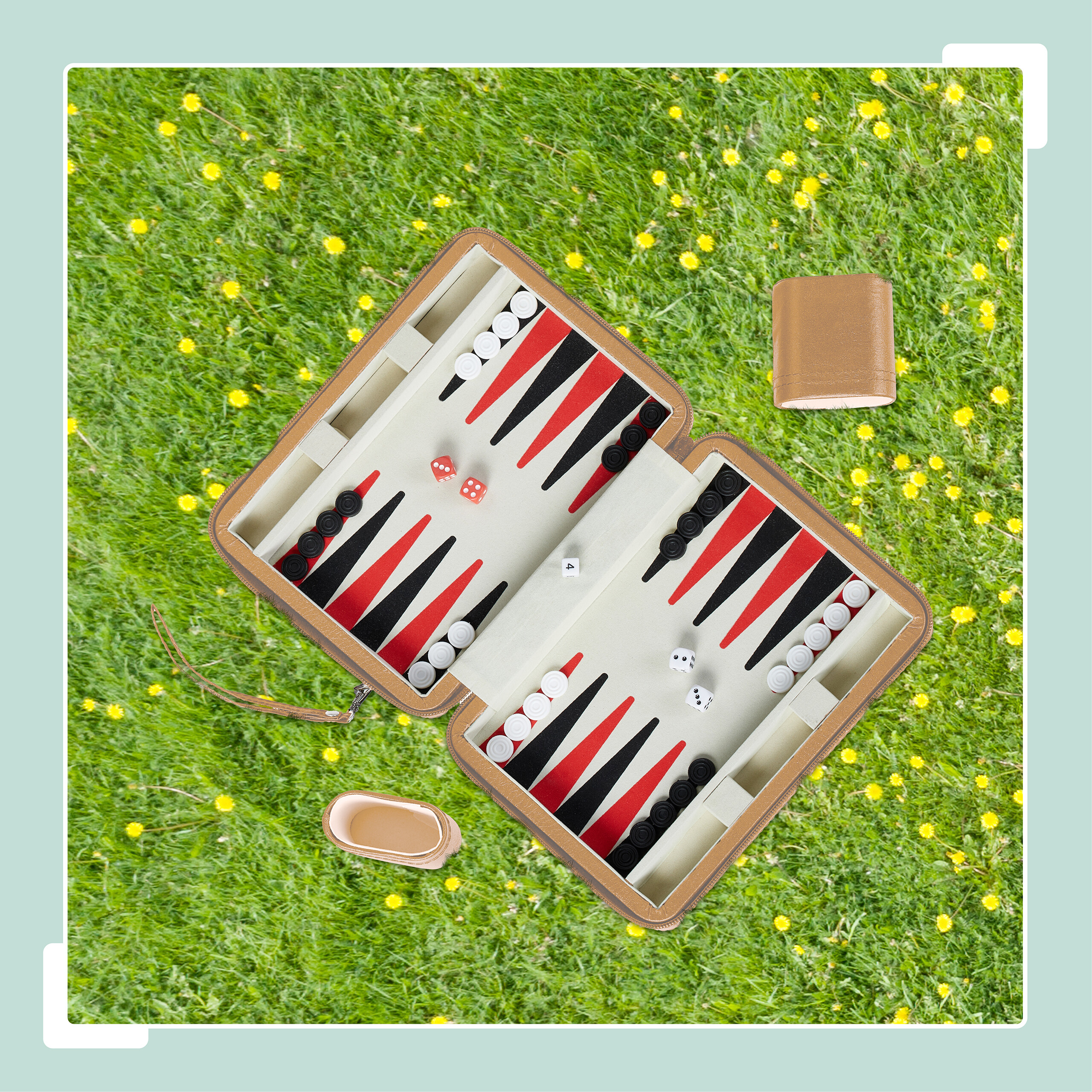 Ein Backgammon-Spielset mit roten und schwarzen Dreiecken auf einem Rasen mit gelben Blumen.