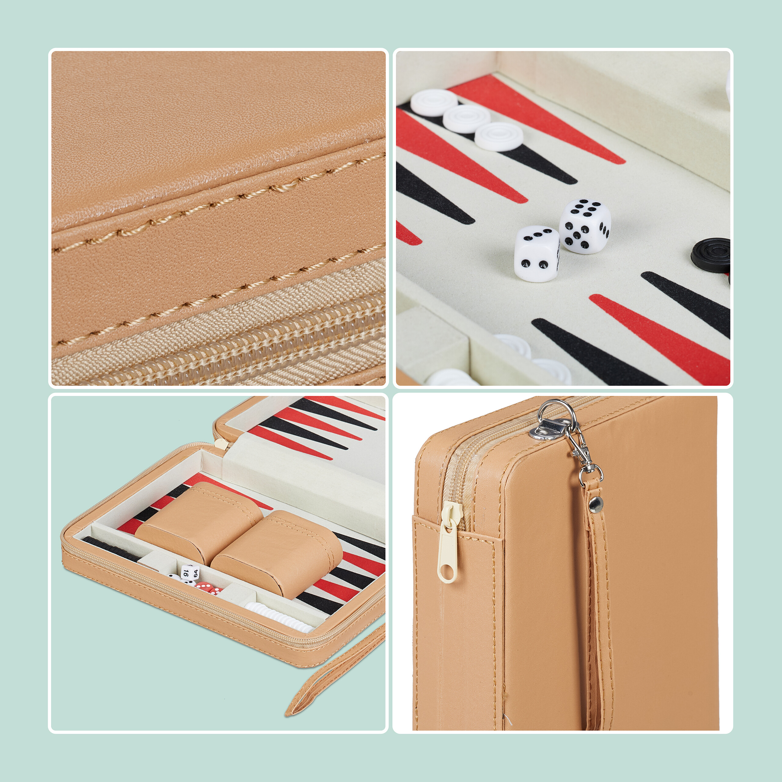 Ein Set mit vier Nahaufnahmen einer kompakten, beigen Ledertasche für Backgammon mit Würfeln.