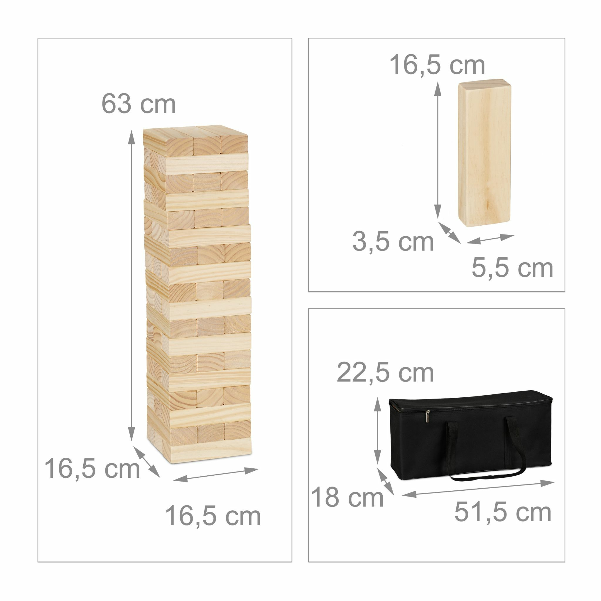 Holzspiel-Set mit Turm, einzelnem Baustein und schwarzer Tragetasche, mit Maßangaben in Zentimetern.