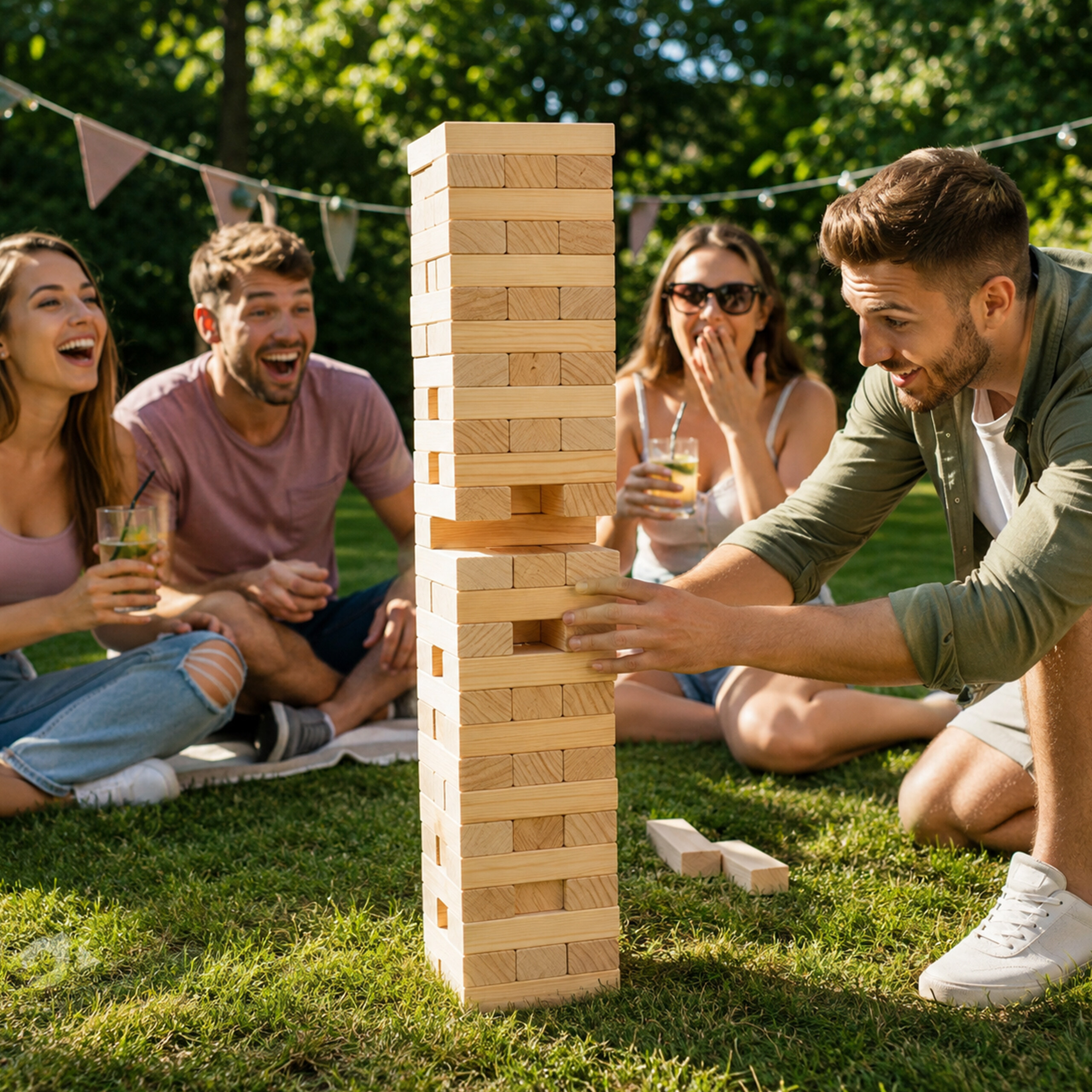 Vier Freunde spielen im sonnigen Garten Jenga auf dem Rasen und lachen, während einer vorsichtig einen Holzblock zieht.