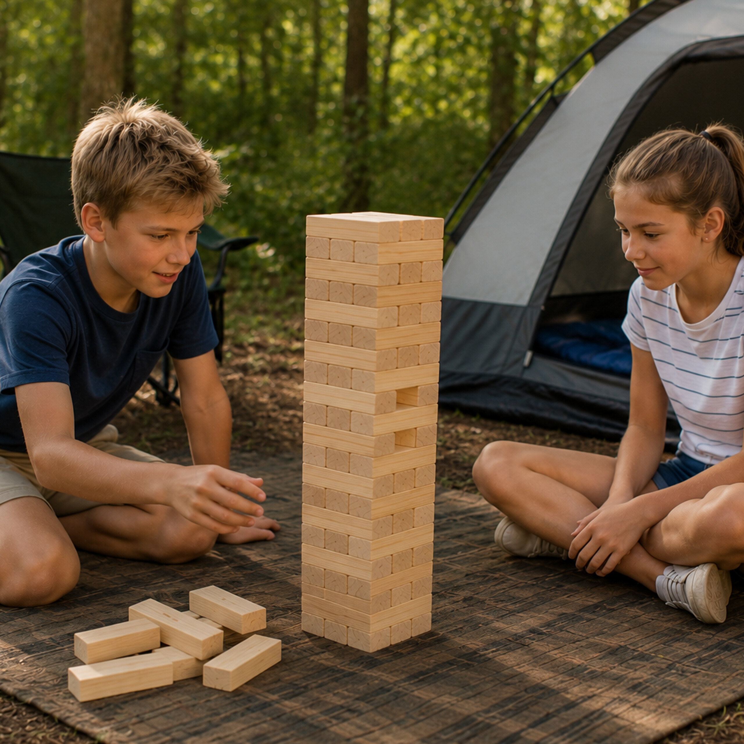 Zwei Kinder spielen draußen vor einem Zelt das Geschicklichkeitsspiel Jenga.