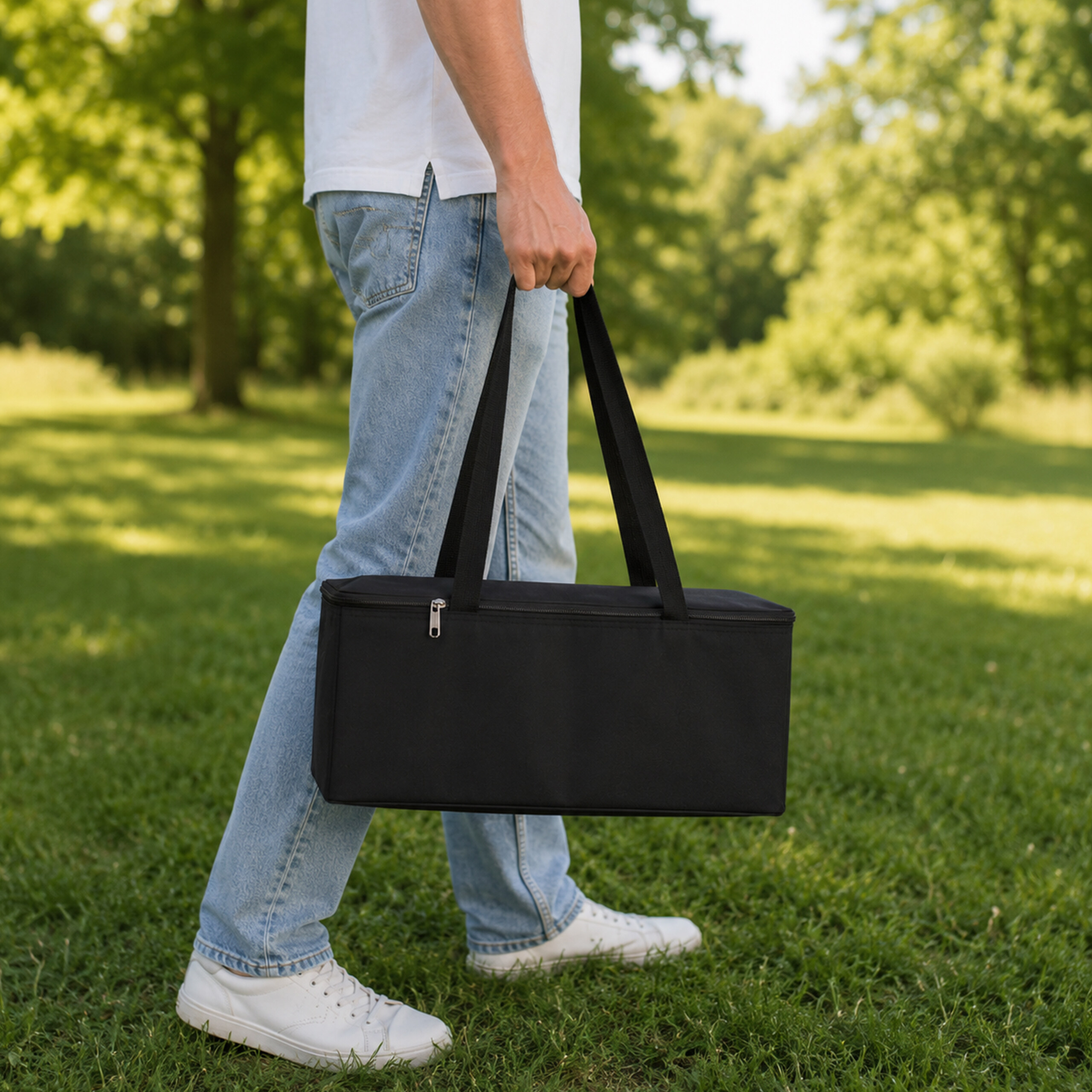 Person in Jeans und weißem Shirt geht im Park und trägt eine schwarze Tasche.