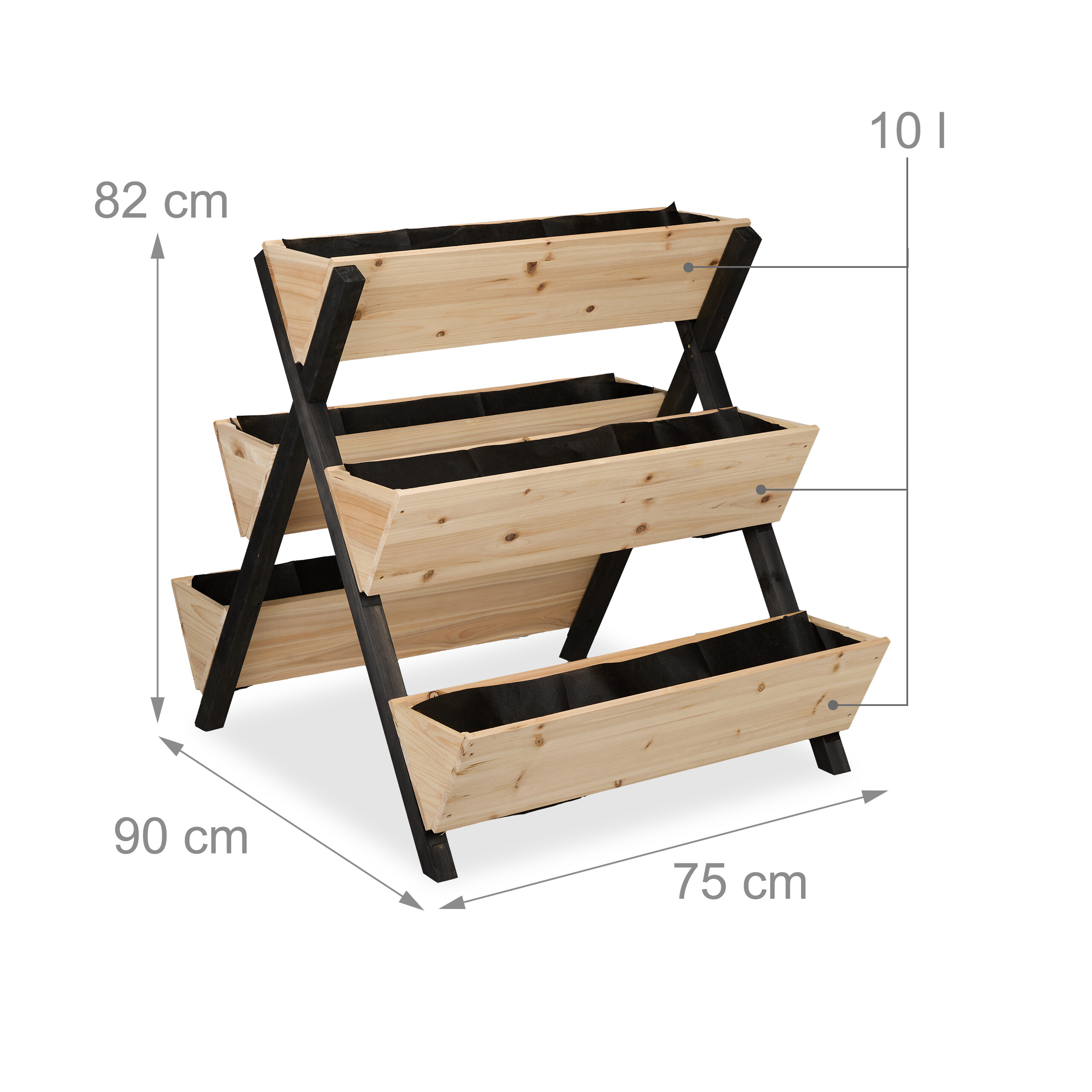 Ein dreistöckiger vertikaler Holzblumenständer mit schwarzen Beinen und den Maßen 82x90x75 cm.