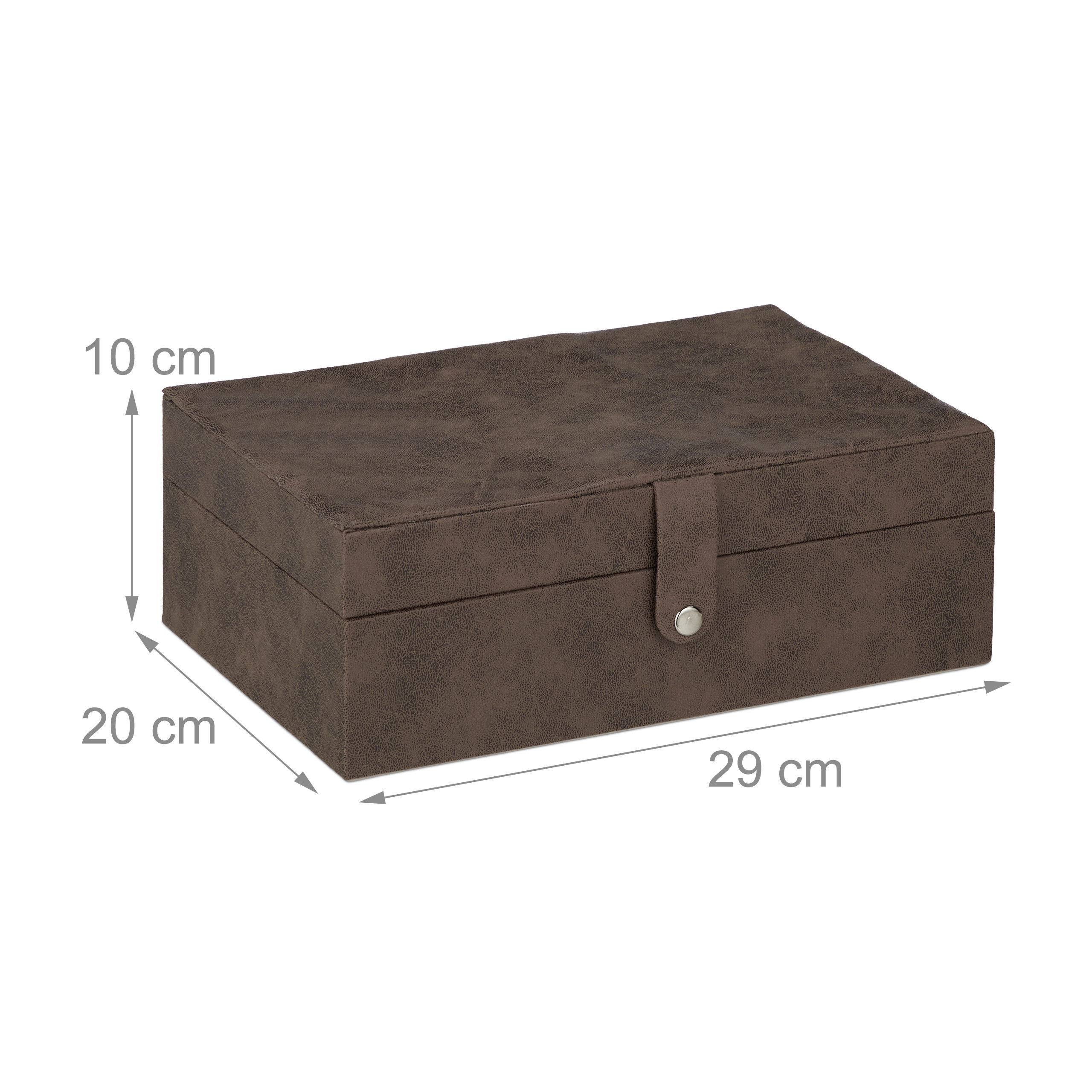 Eine braune Aufbewahrungsbox aus Kunstleder mit Maßen 29x20x10 cm und Druckknopfverschluss auf weißem Hintergrund.