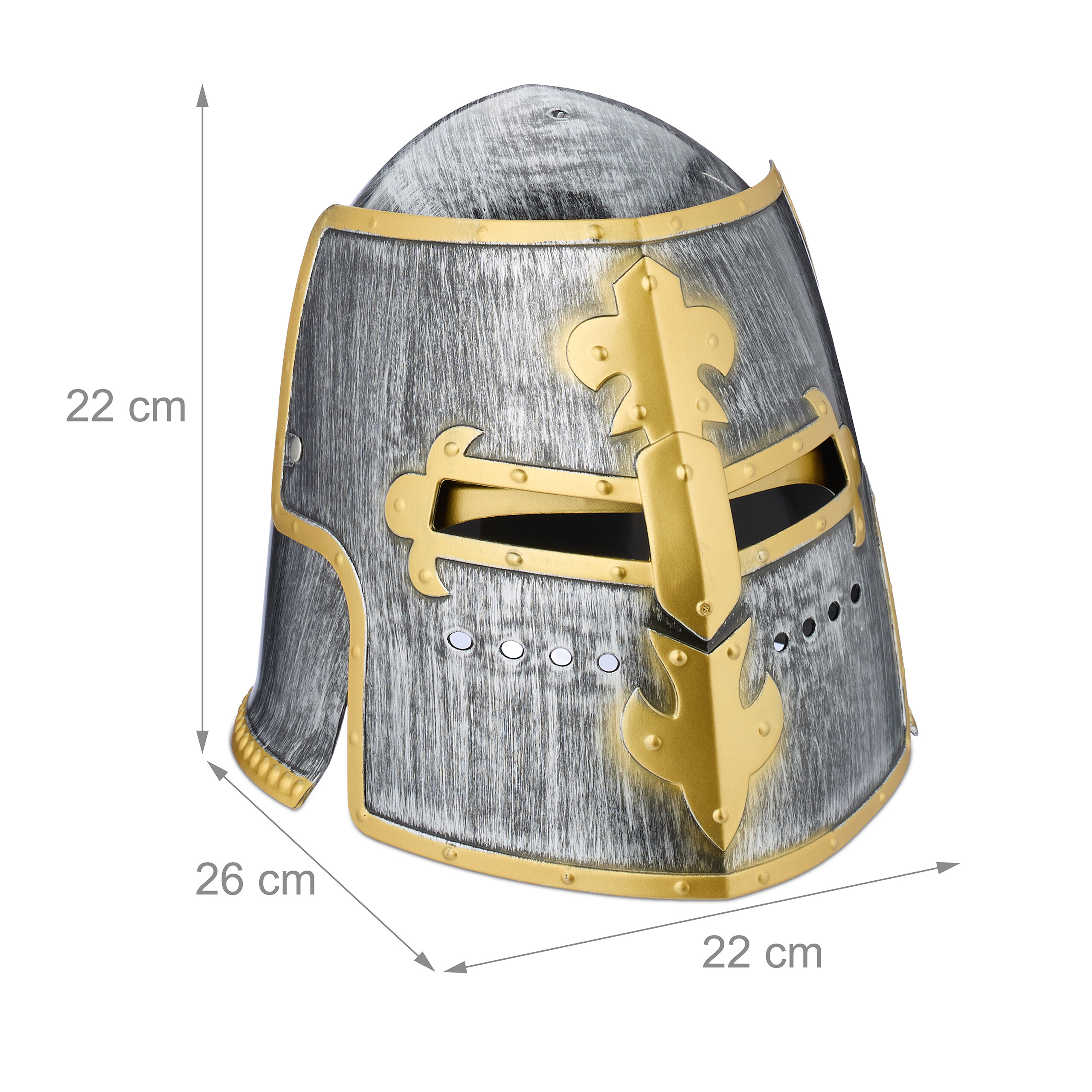 Grauer Kreuzfahrerhelm mit goldenen Akzenten und Maßangaben in Zentimetern auf weißem Hintergrund.