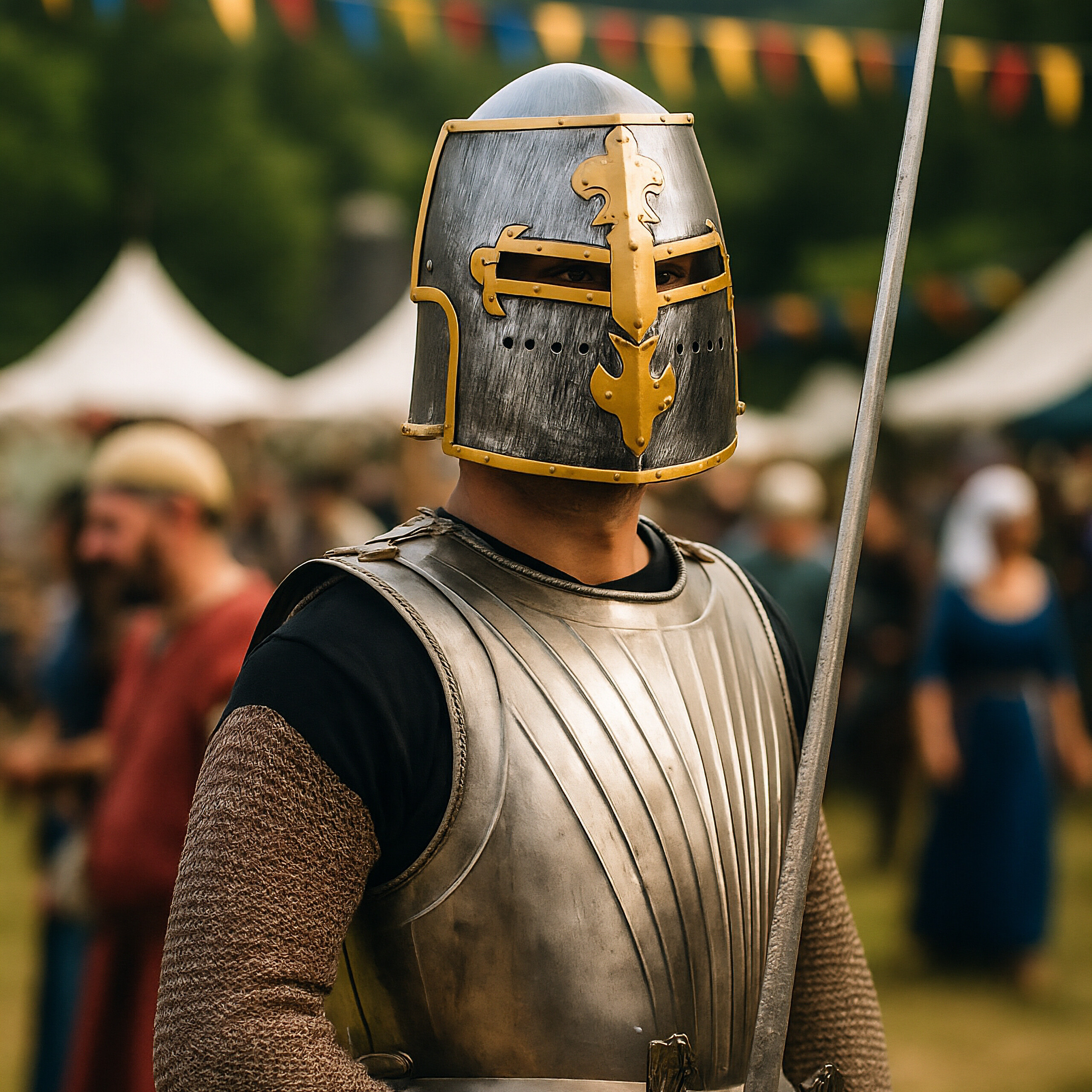 Ein Ritter in glänzender Rüstung und einem Helm mit goldenem Kreuz hält ein Schwert vor einem Festzelt.