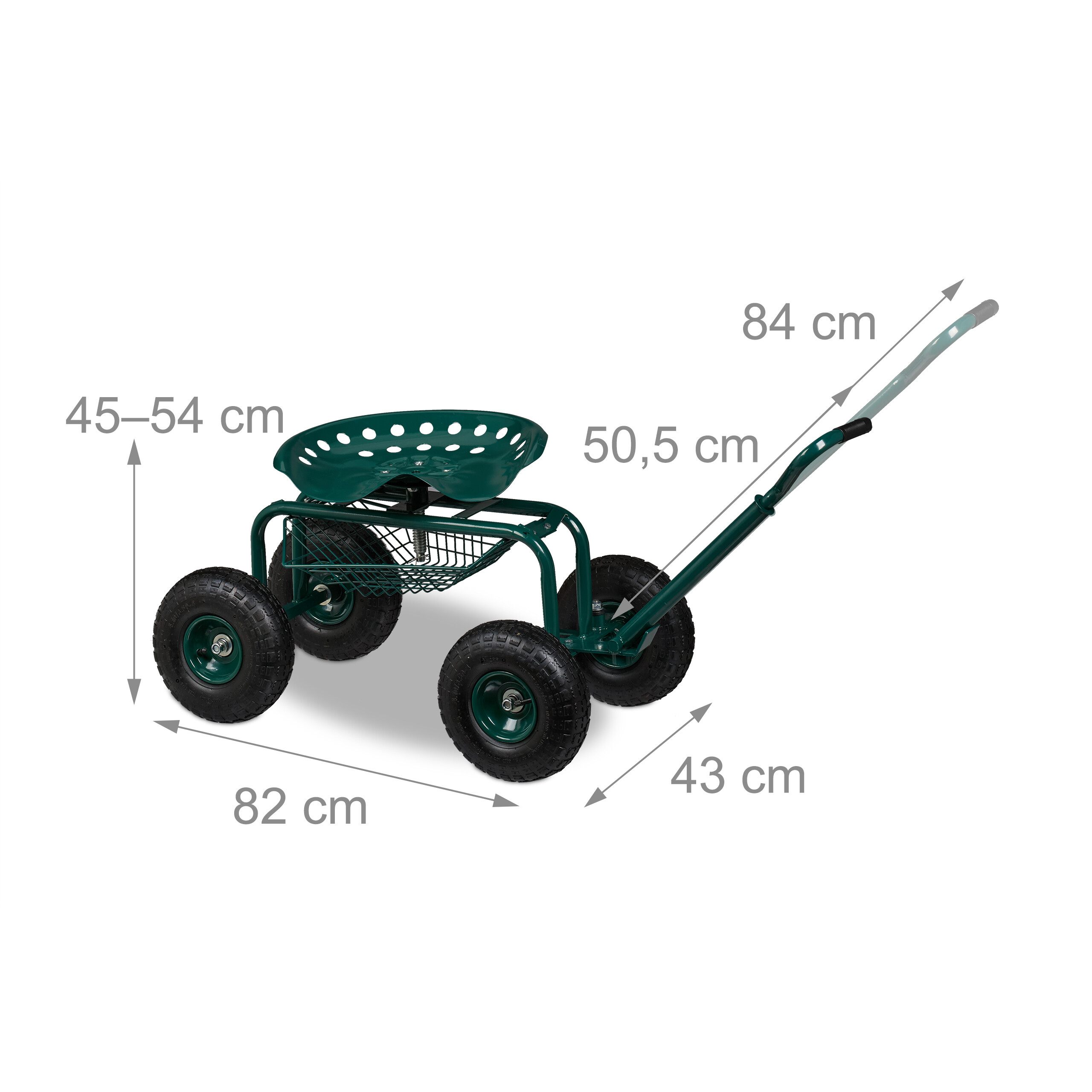 Grüner Gartenroller mit Sitz, Korb und vier Rädern, mit Maßangaben in Zentimetern.