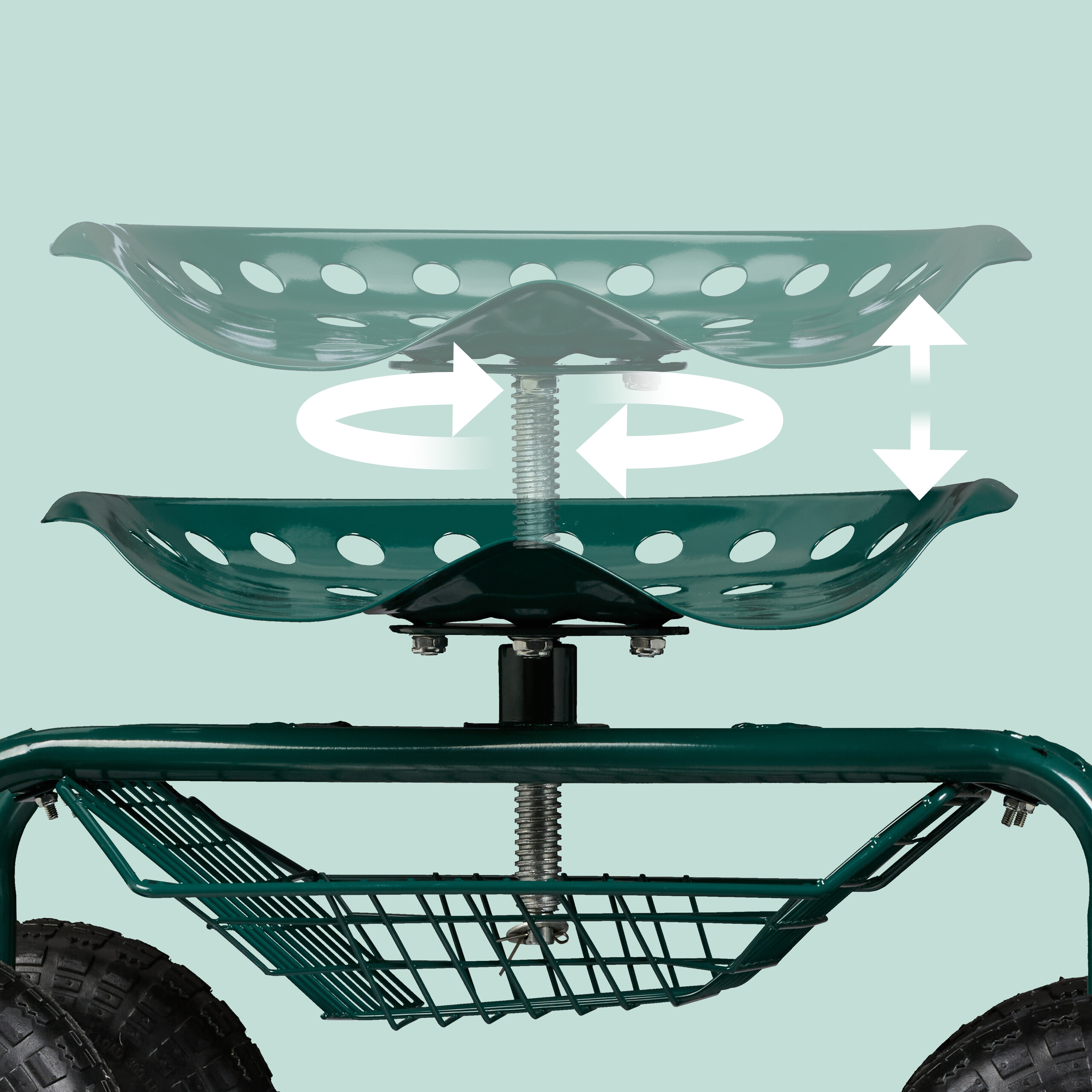 Grüner Gartenwagen-Sitz mit Schraubmechanismus zur Höhenverstellung, mit Dreh- und Pfeilsymbolen.