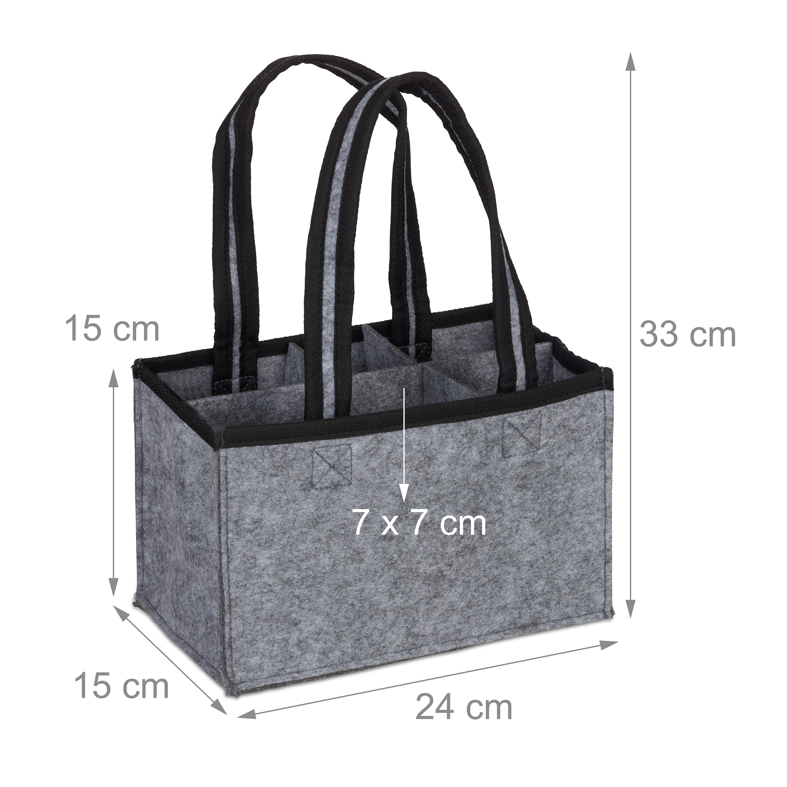 Graue Filztasche mit schwarzen Griffen und aufgedruckten Maßangaben in Zentimetern auf weißem Hintergrund.