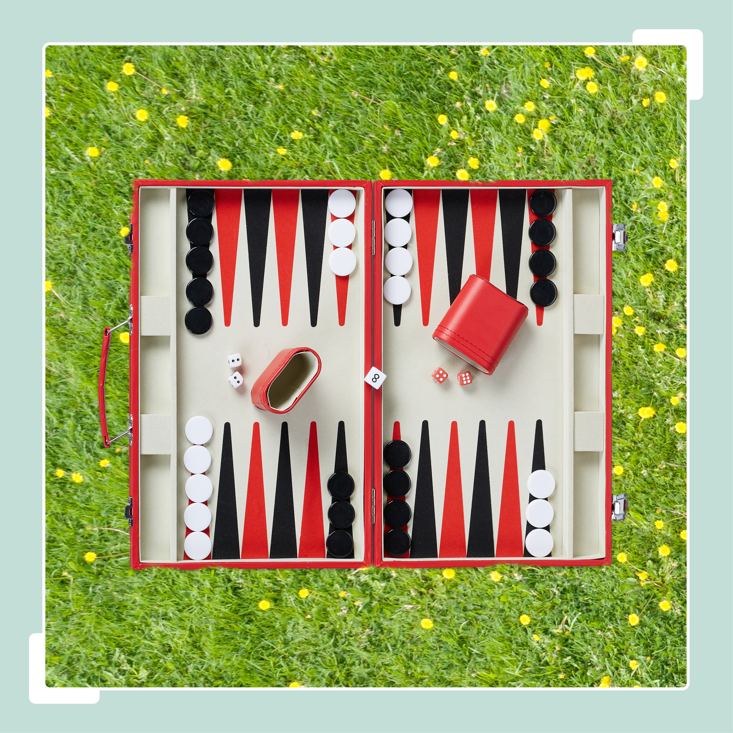 Ein offenes Backgammon-Spielset mit roten und weißen Spielsteinen liegt auf grünem Gras mit gelben Blumen.