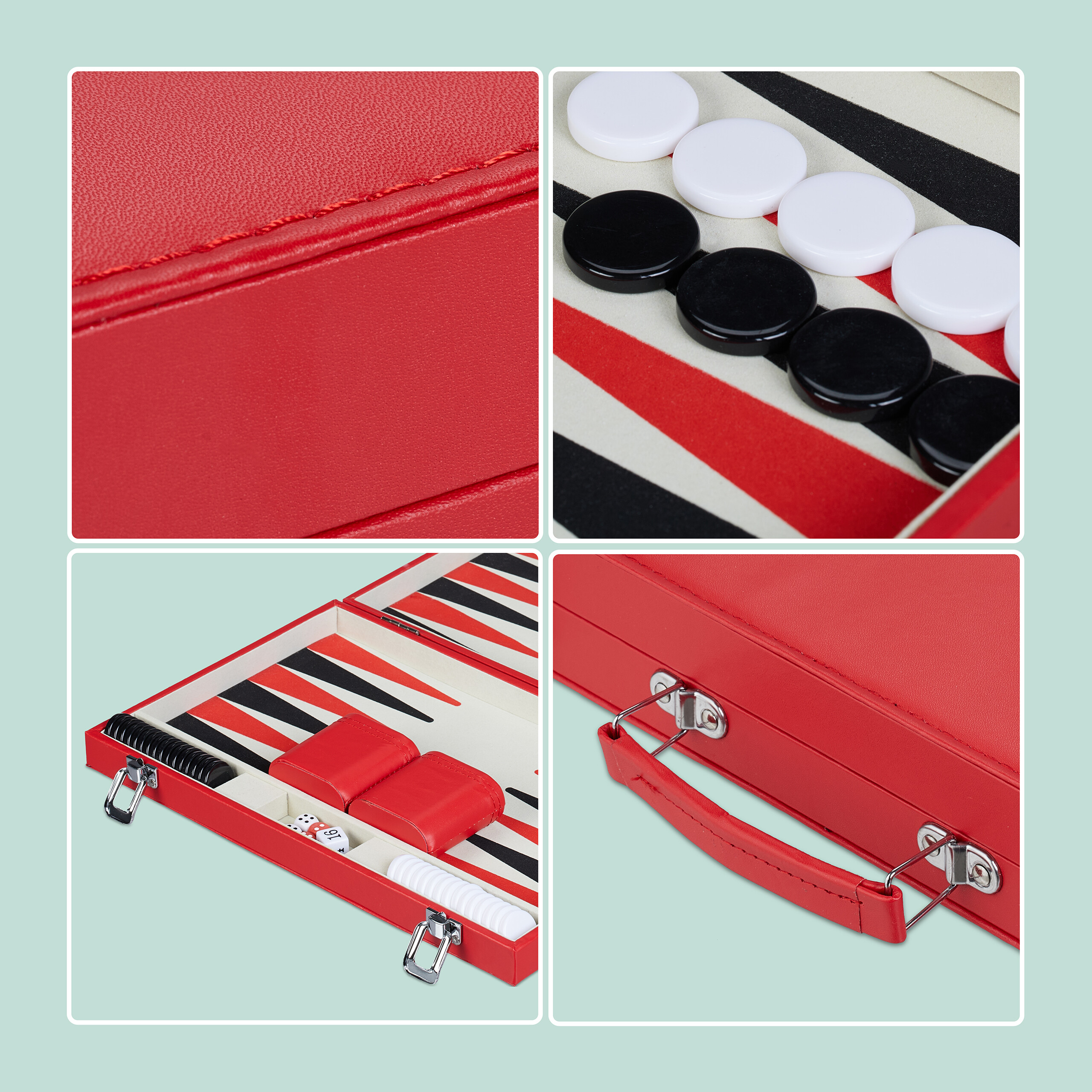 Vier Ansichten eines roten Backgammon-Sets aus Leder mit Textur, Spielbrett, Würfeln und Griff.