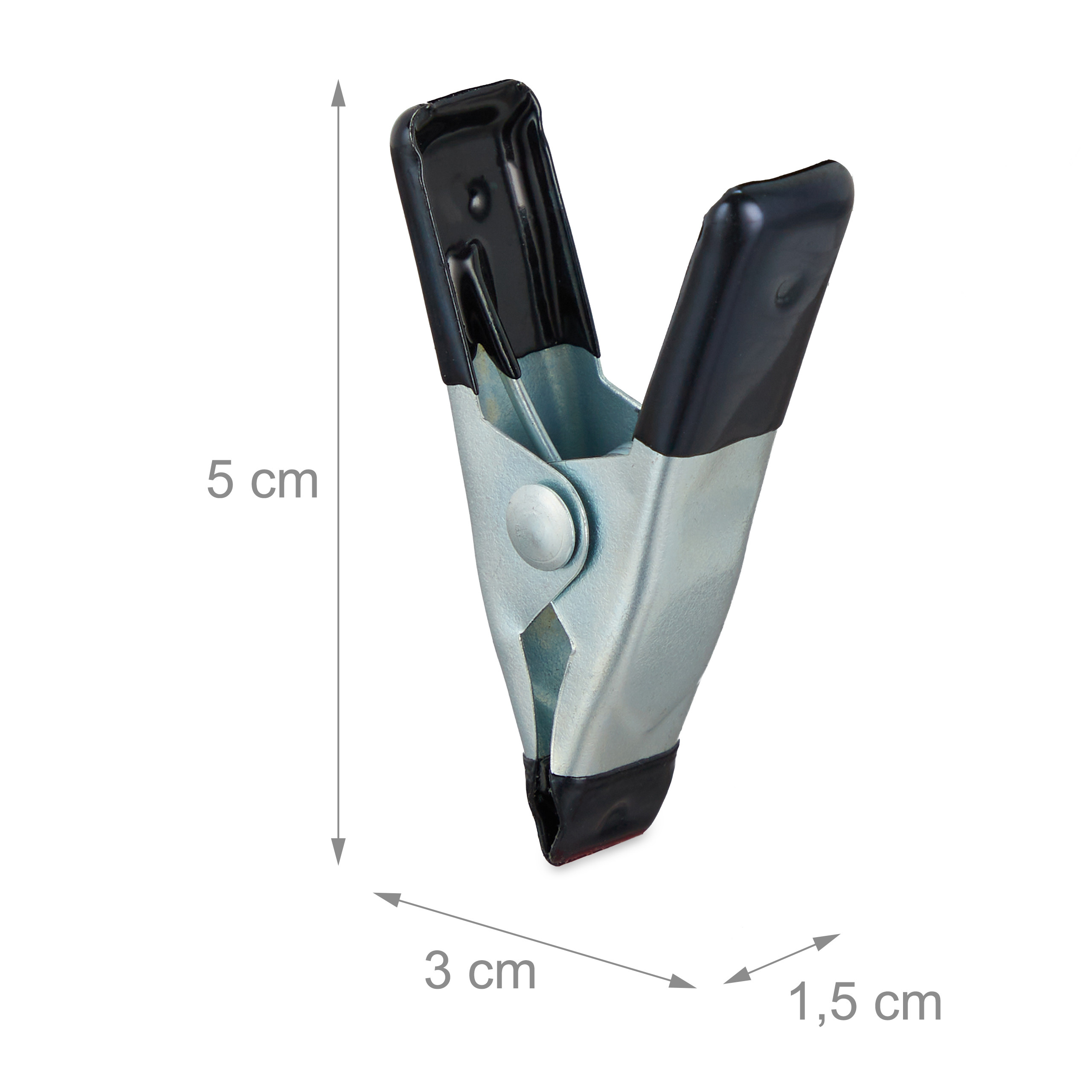 Eine kleine Metallklammer mit schwarzen Griffkappen, 5 cm hoch, 3 cm breit und 1,5 cm tief.