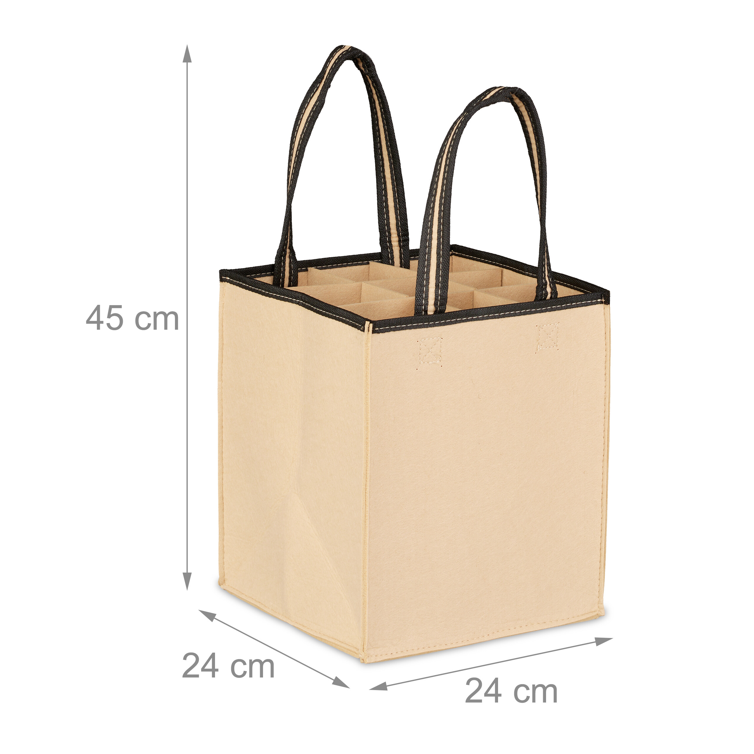 Beige Filztasche mit schwarzen Griffen und Innenfächern, Maße 45x24x24 cm auf weißem Hintergrund.
