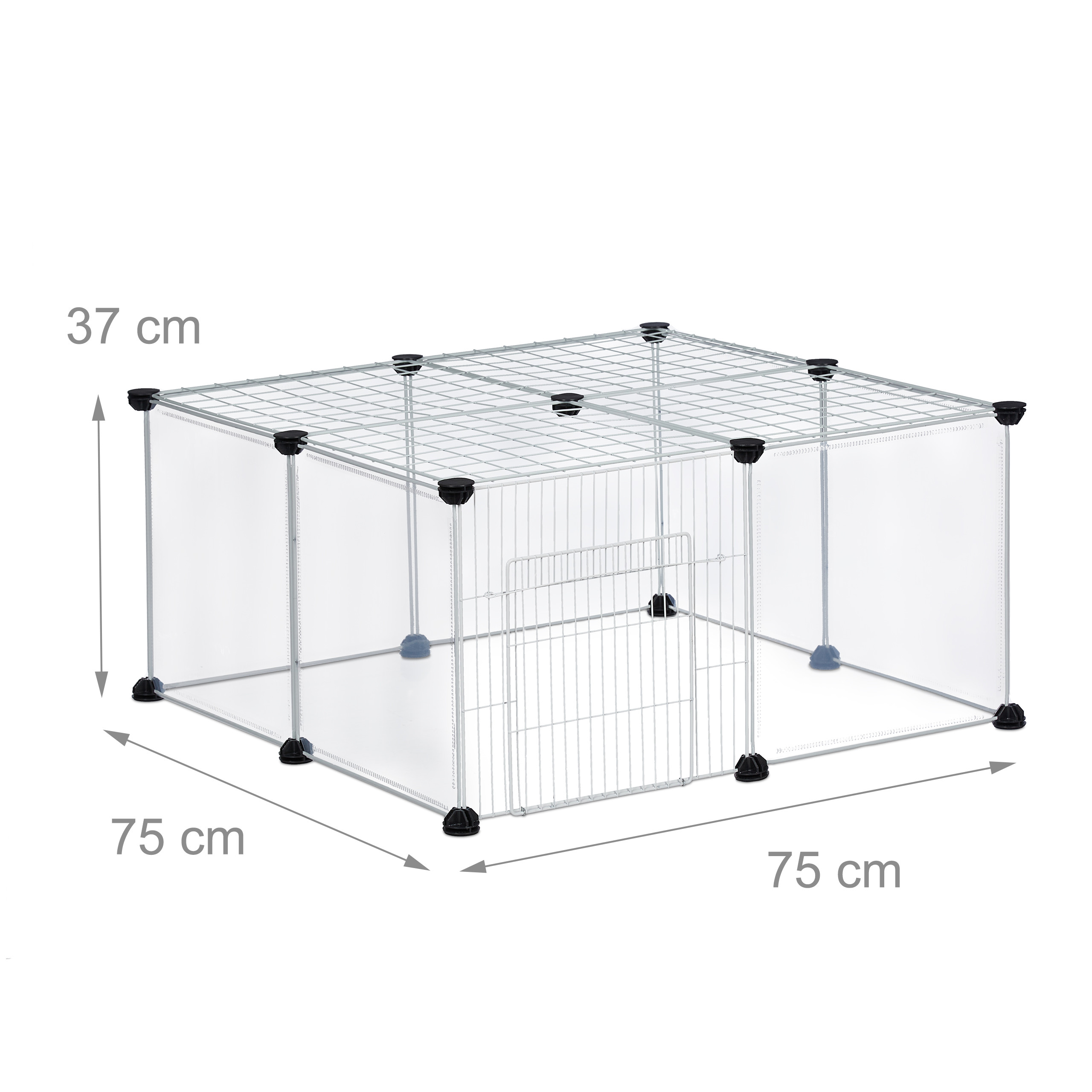 Quadratisches Kleintiergehege aus Drahtgittern und transparenten Wänden mit den Maßen 75x75x37 cm.