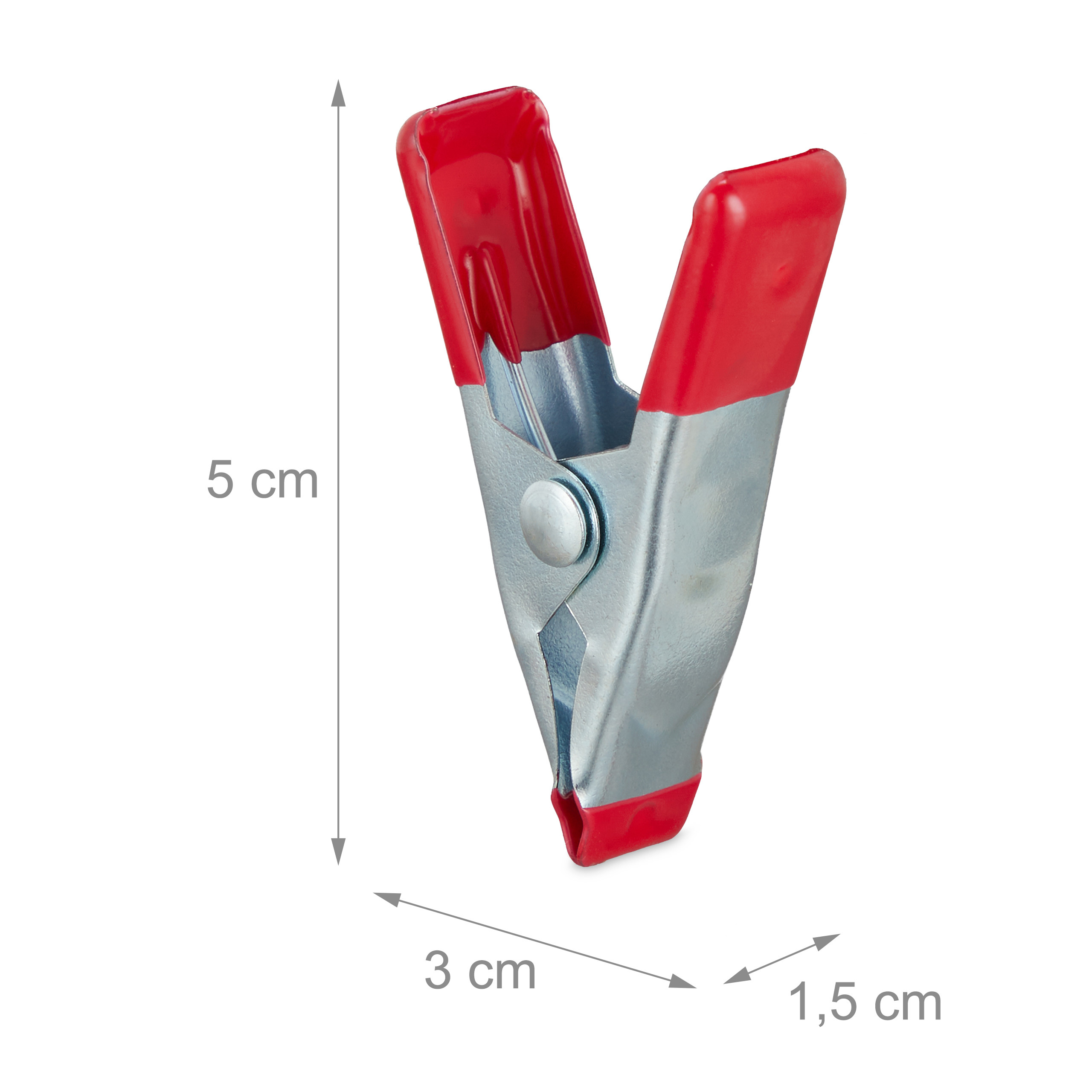 Metallklammer mit roten Griffen und Maßen von 5 cm Höhe, 3 cm Breite und 1,5 cm Tiefe.
