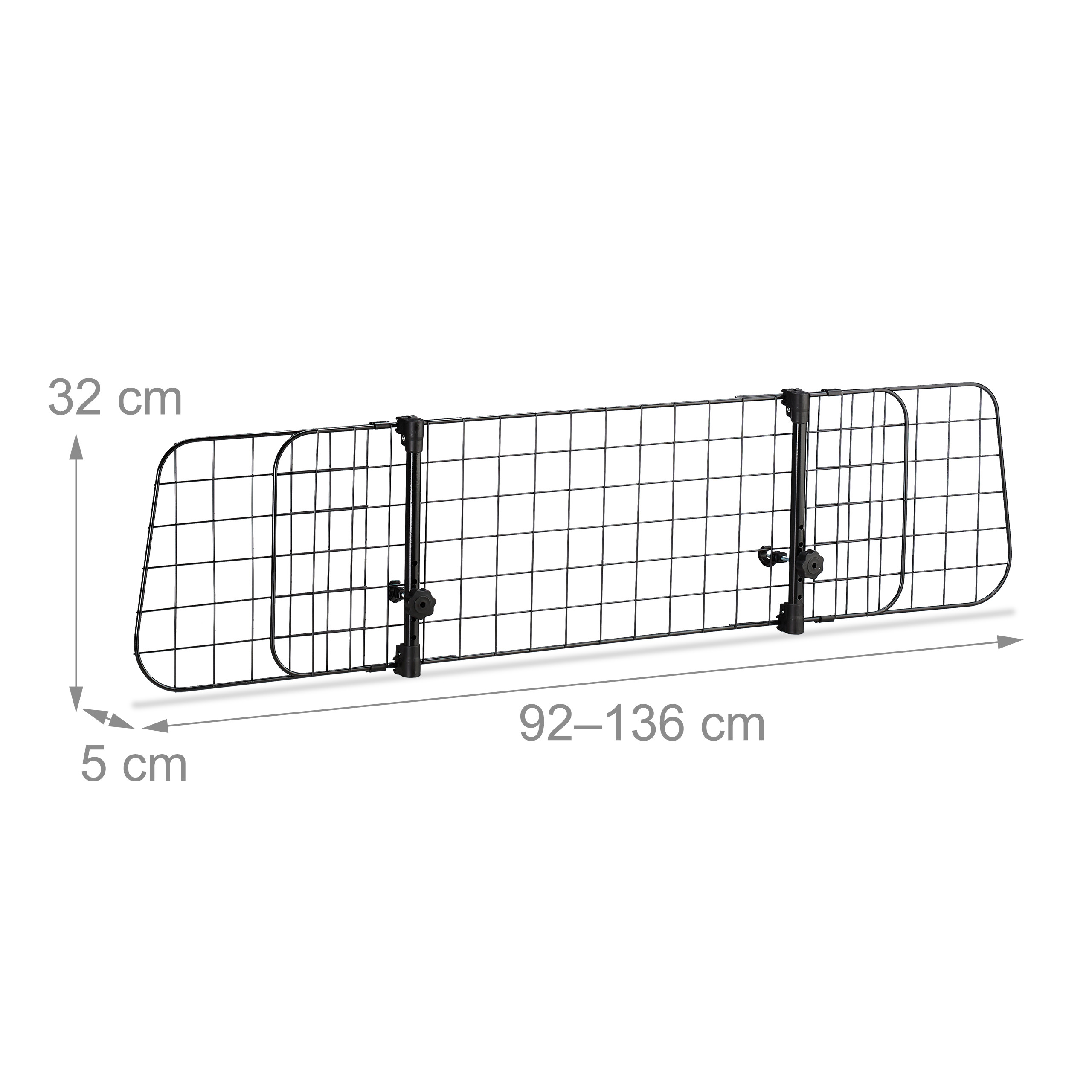 Schwarzes Metall-Schutzgitter mit Maßen von 32 cm Höhe, 5 cm Tiefe und 92-136 cm Breite.