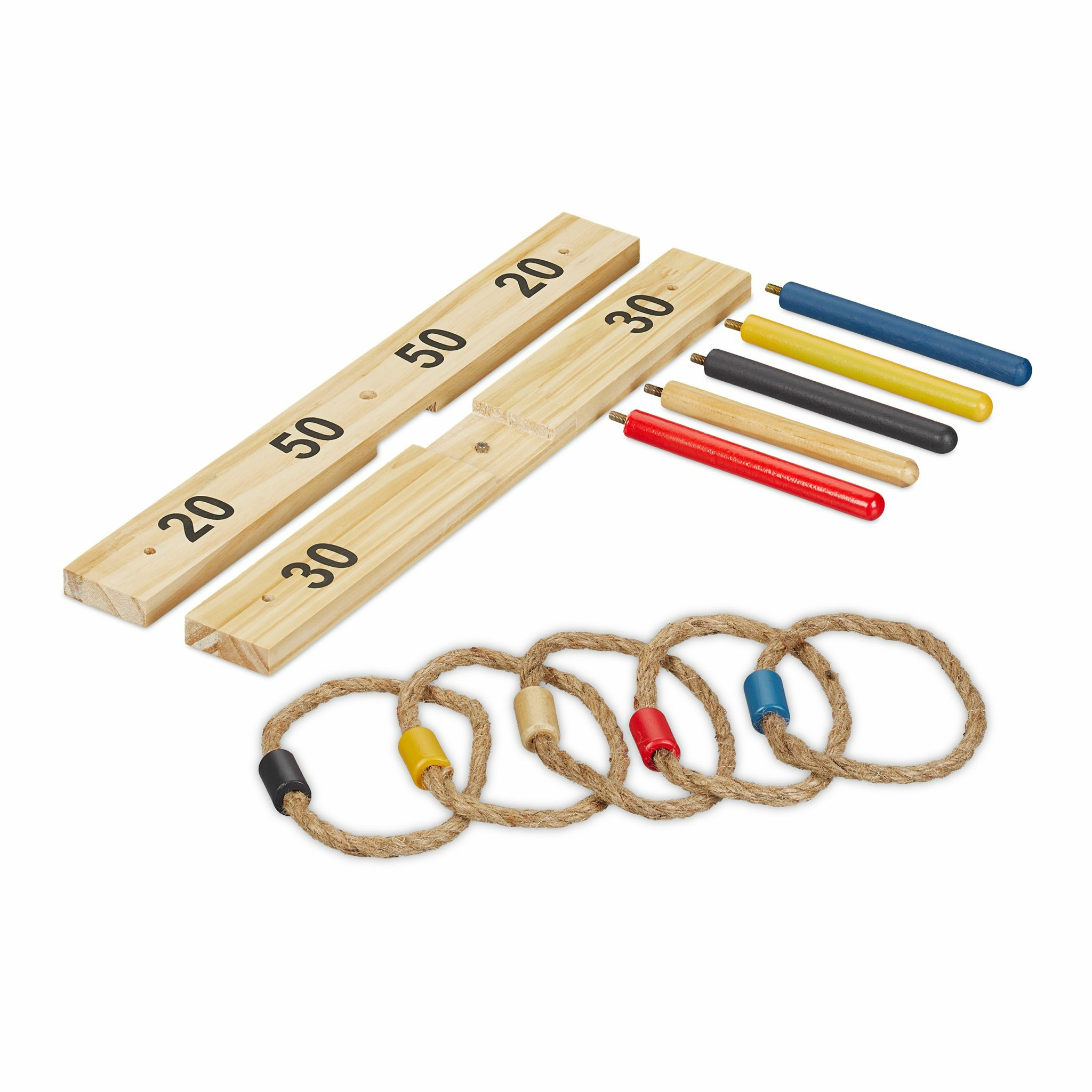 Ringwurfspiel aus Holz mit nummerierten Leisten, bunten Stiften und Seilringen.