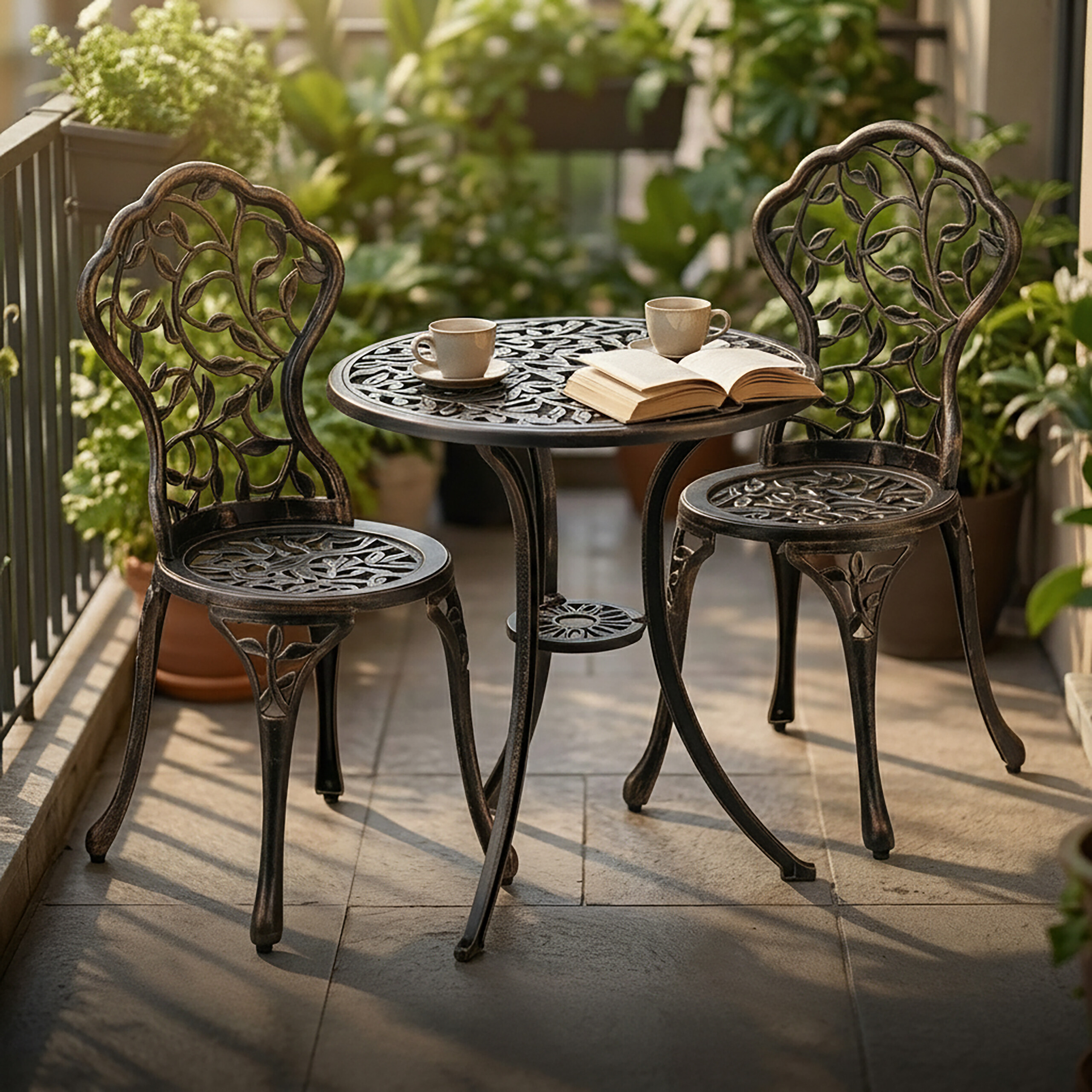 Ein schmiedeeiserner Tisch und zwei Stühle auf einem sonnigen Balkon mit Pflanzen, Kaffeetassen und einem Buch.