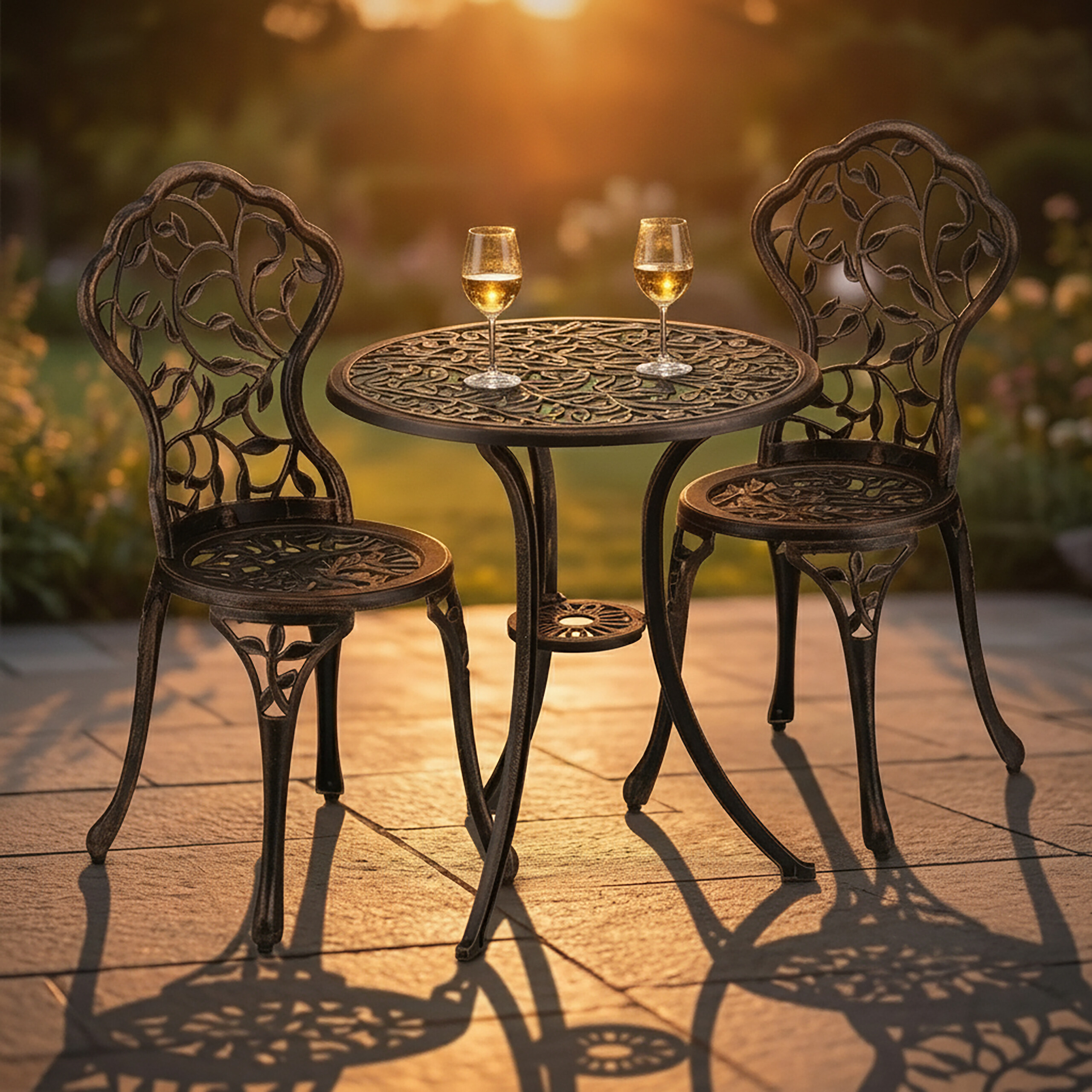 Ein schmiedeeiserner Tisch mit zwei passenden Stühlen und zwei Weingläsern auf einer Terrasse bei Sonnenuntergang.