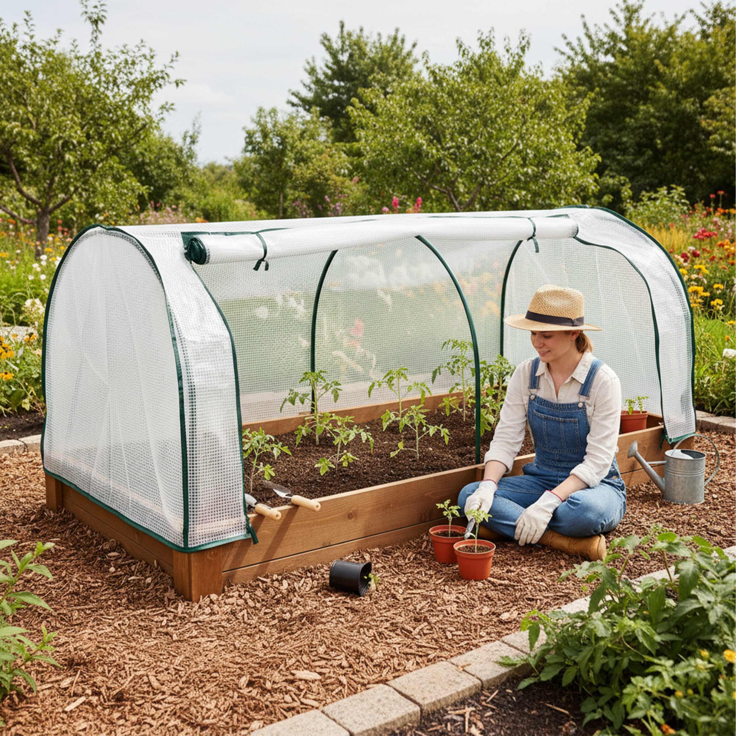 Gärtnerin in Strohhut und Latzhose sitzt im Garten vor einem Gewächshaus mit Tomatenpflanzen.