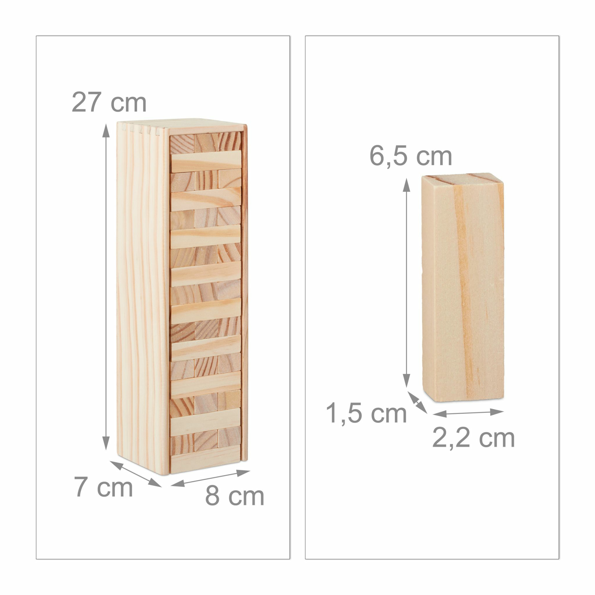 Holzspiel mit Maßangaben: Turm mit 27x8x7 cm und einzelner Block mit 6,5x2,2x1,5 cm.