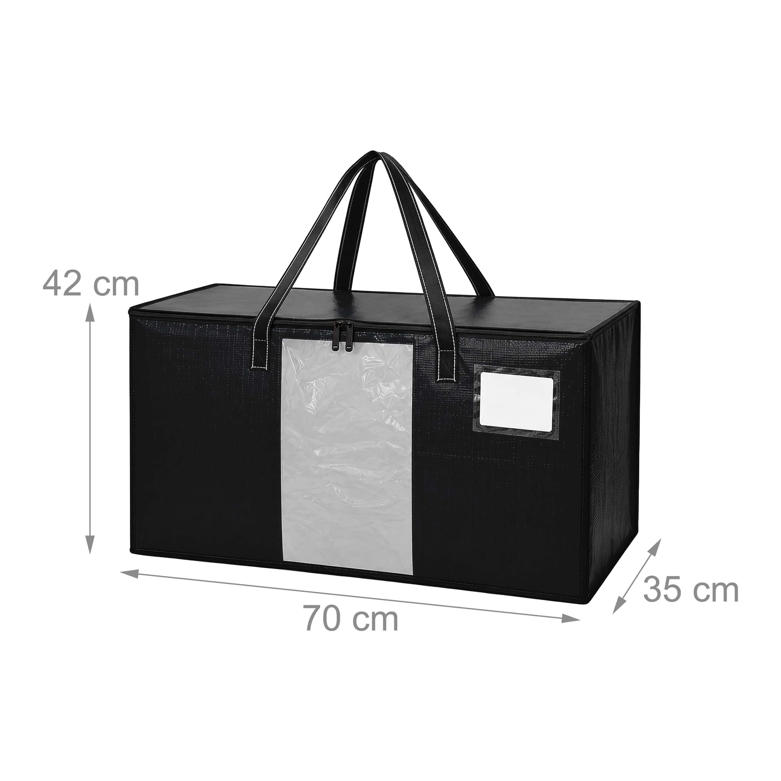 Schwarze Aufbewahrungstasche mit Maßen: 70x42x35 cm, Sichtfenster und Etikettentasche.