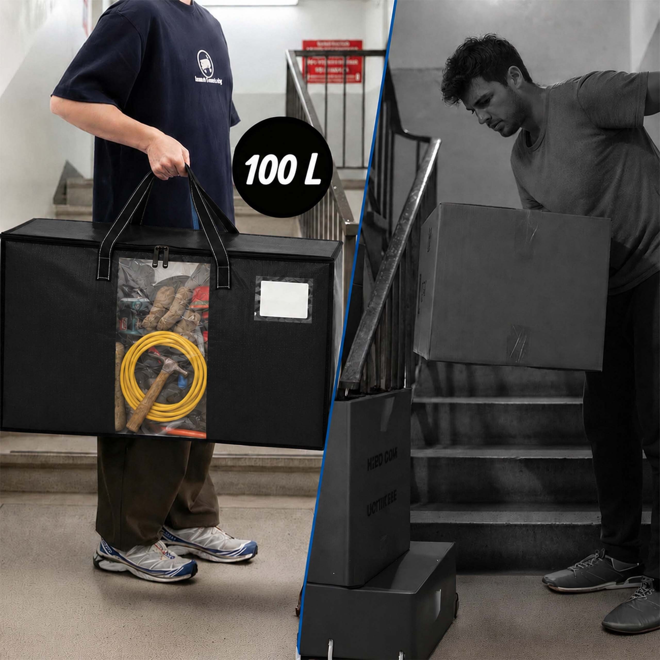Vergleich zweier Methoden: Links trägt eine Person eine 100L-Tasche, rechts eine Person einen schweren Karton auf Treppen.
