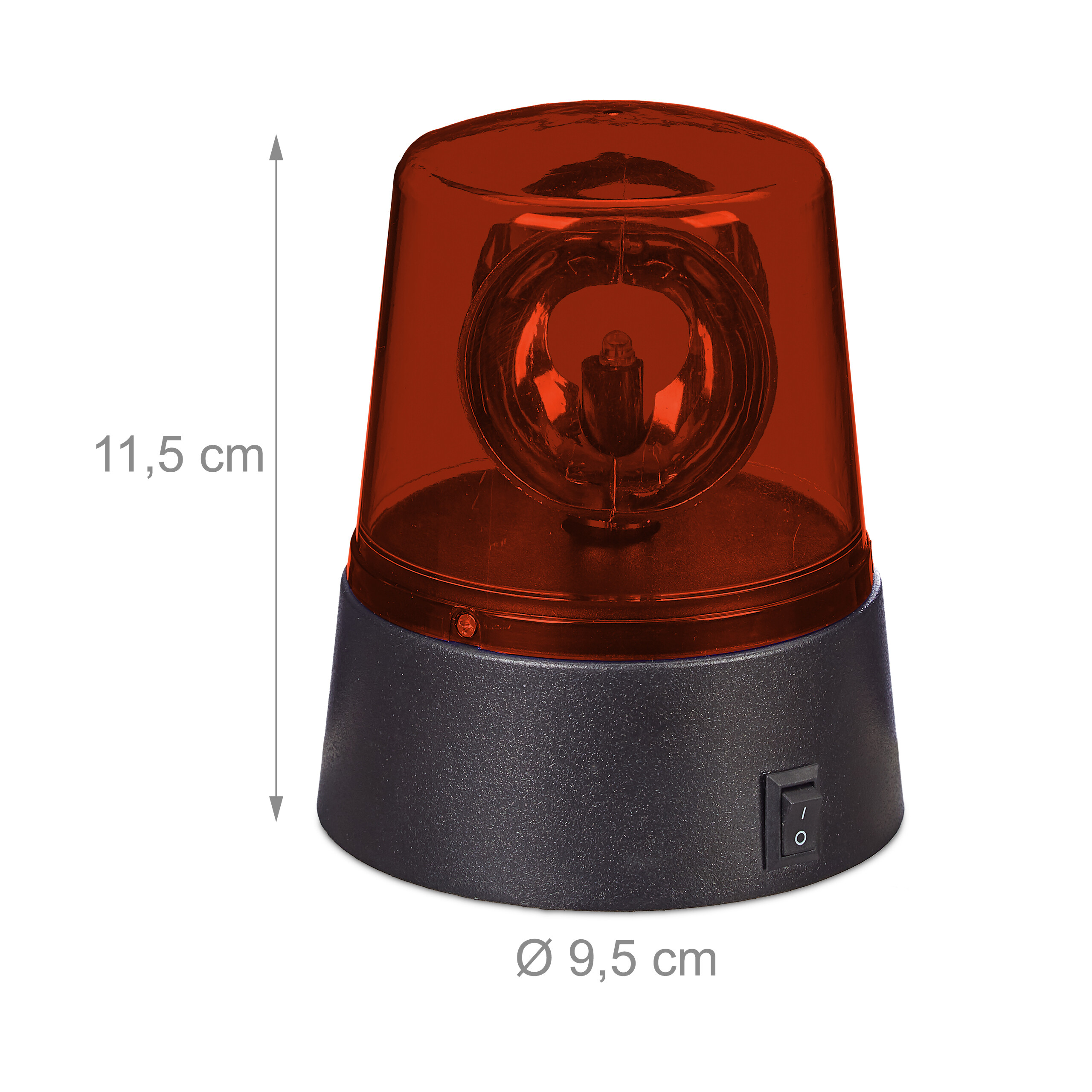 Rote Rundumleuchte auf einem dunklen Sockel, Maße 11,5 cm Höhe und 9,5 cm Durchmesser.